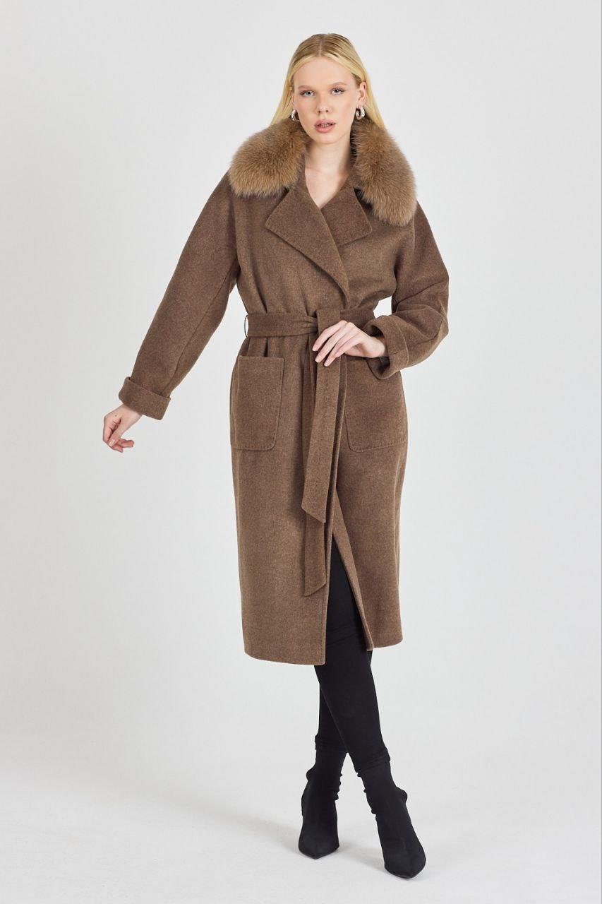 8004 Kürklü Kruvaze Yaka Cepli Kuşaklı Kaşe Kaban