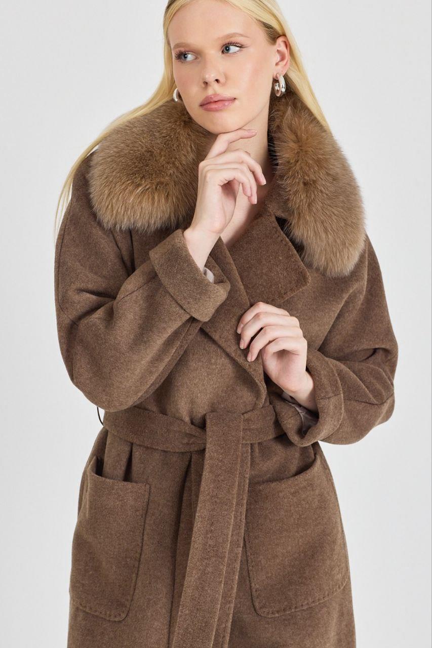 8004 Kürklü Kruvaze Yaka Cepli Kuşaklı Kaşe Kaban