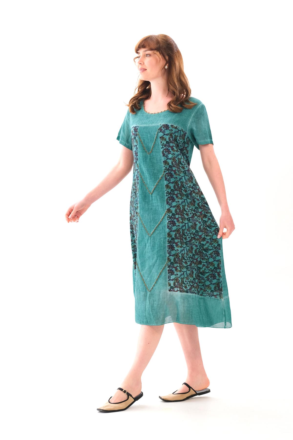 8011 Büyük Beden Çiçek Desenli Kısa Kol Pamuk Otantik Elbise