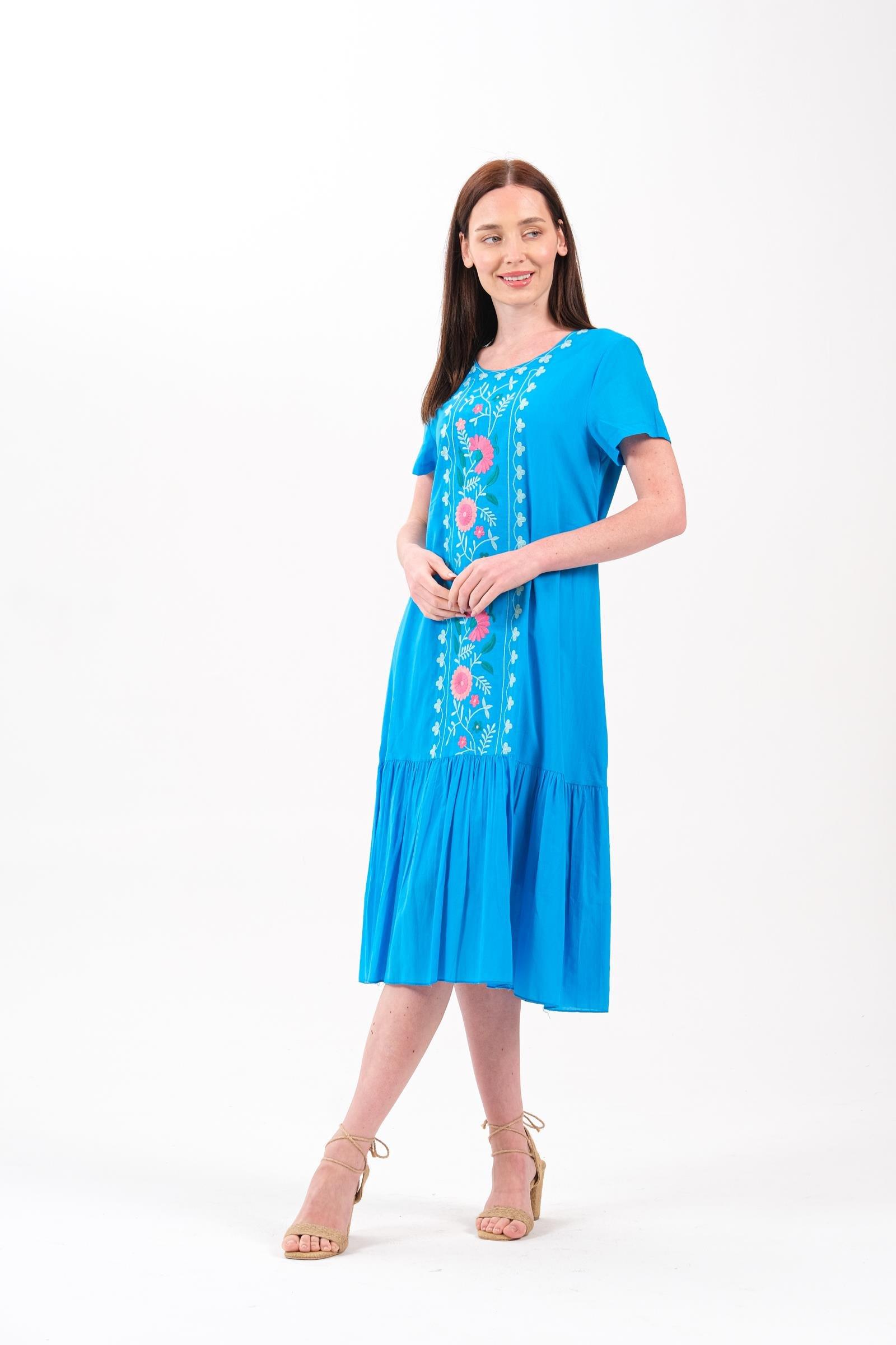 8012 Papatya Nakışlı Kısa Kol Pamuk Otantik Elbise