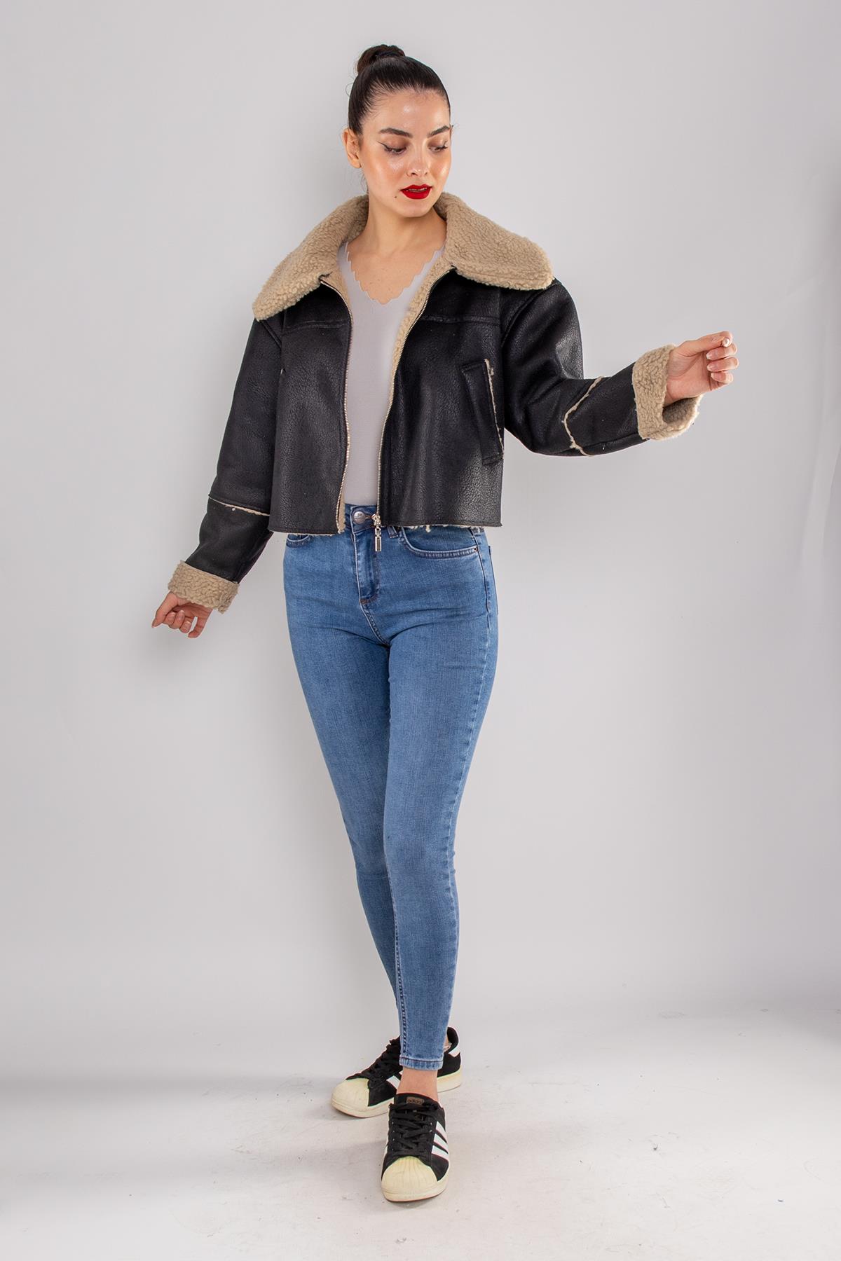8025 İçi Kürklü Crop Fermuarlı Kadın Deri Ceket