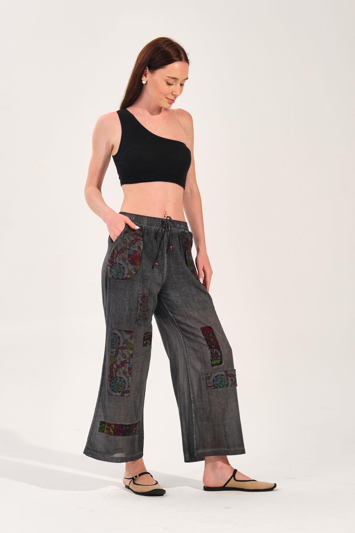 8032 Beli Lastikli Yamalı Pamuk Otantik Şalvar Pantolon