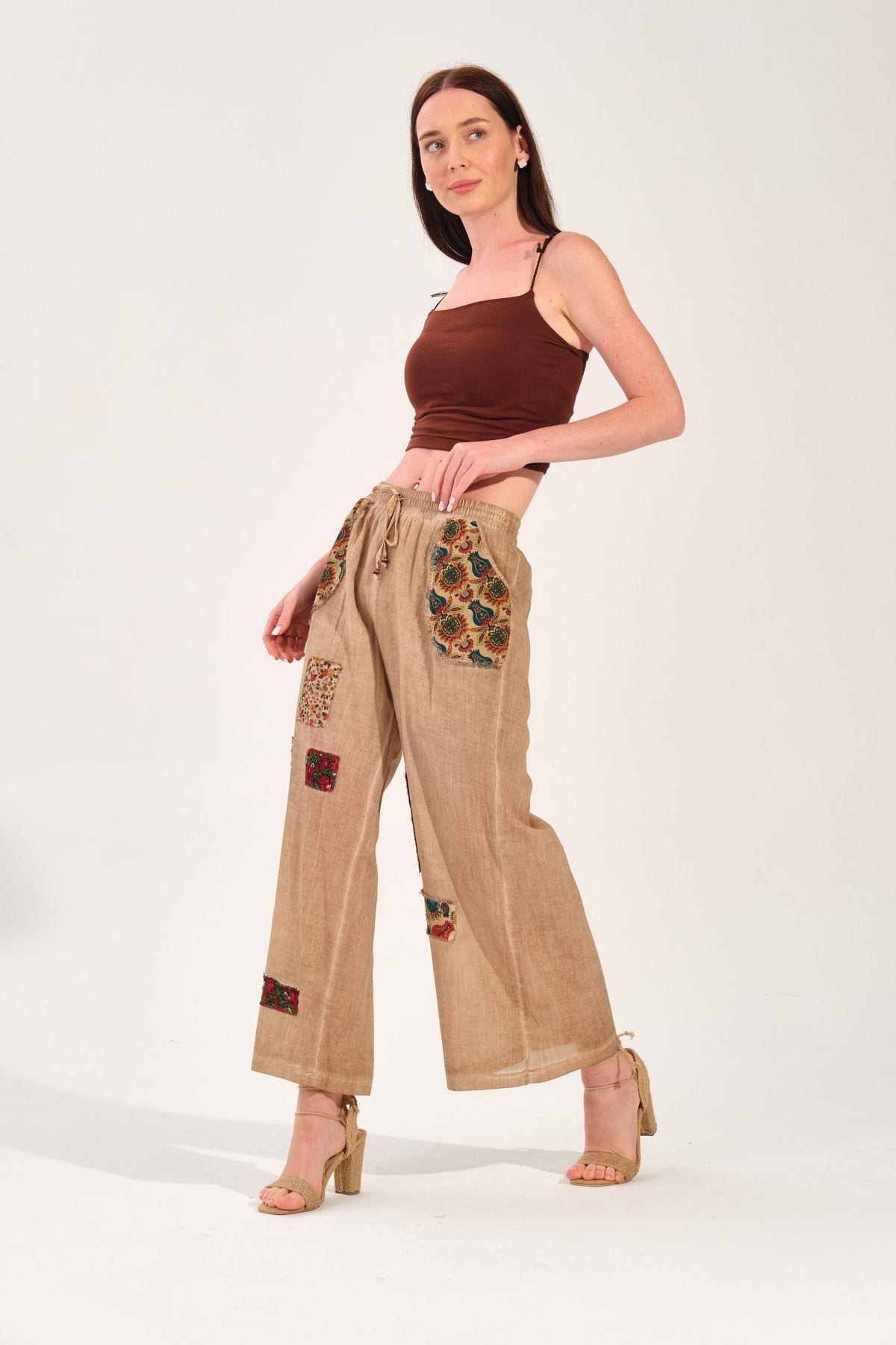 8032 Beli Lastikli Yamalı Pamuk Otantik Şalvar Pantolon