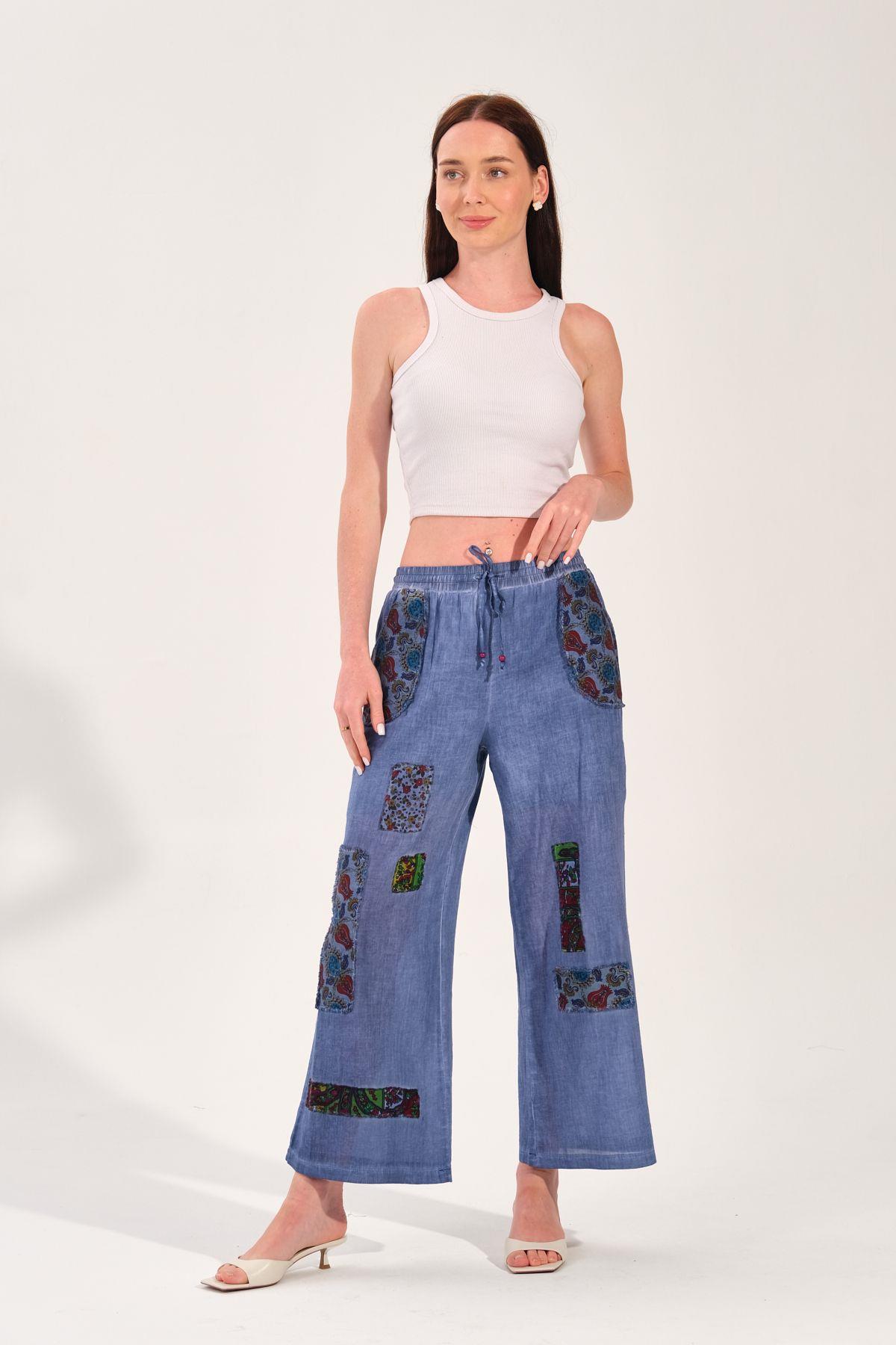 8032 Beli Lastikli Yamalı Pamuk Otantik Şalvar Pantolon