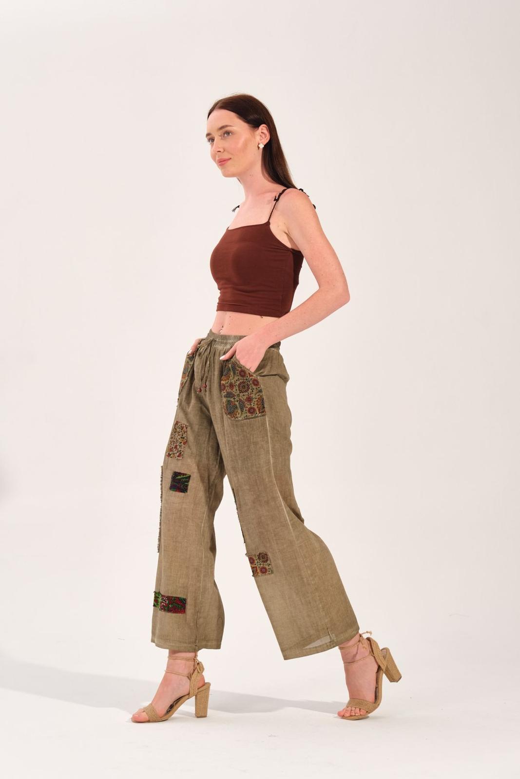 8032 Beli Lastikli Yamalı Pamuk Otantik Şalvar Pantolon