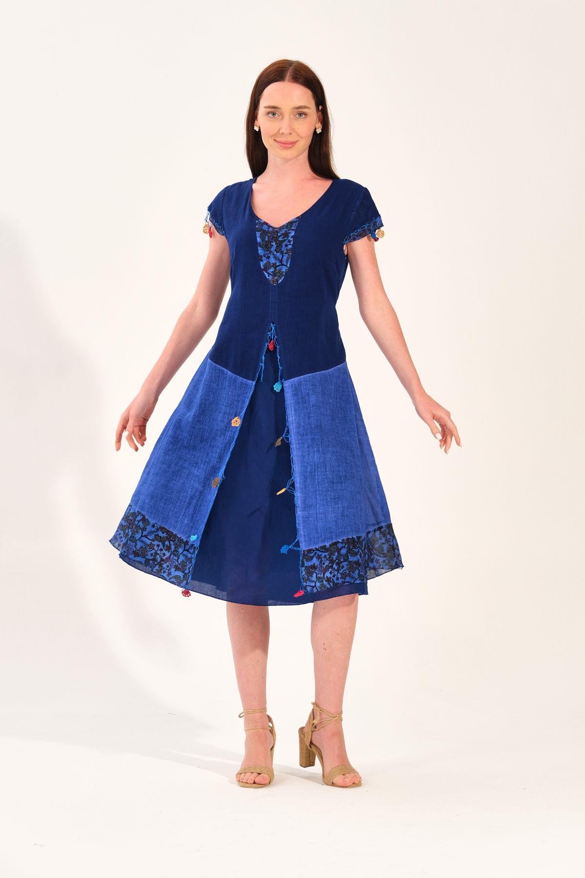 8033 Vyaka Kısa Kol Eteği Parçalı Oya İşleme Otantik Elbise