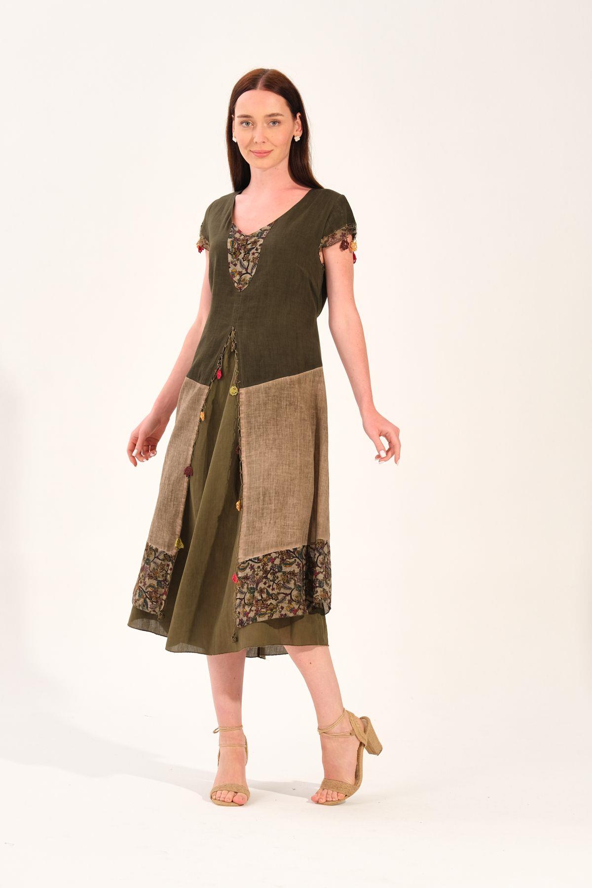 8033 Vyaka Kısa Kol Eteği Parçalı Oya İşleme Otantik Elbise