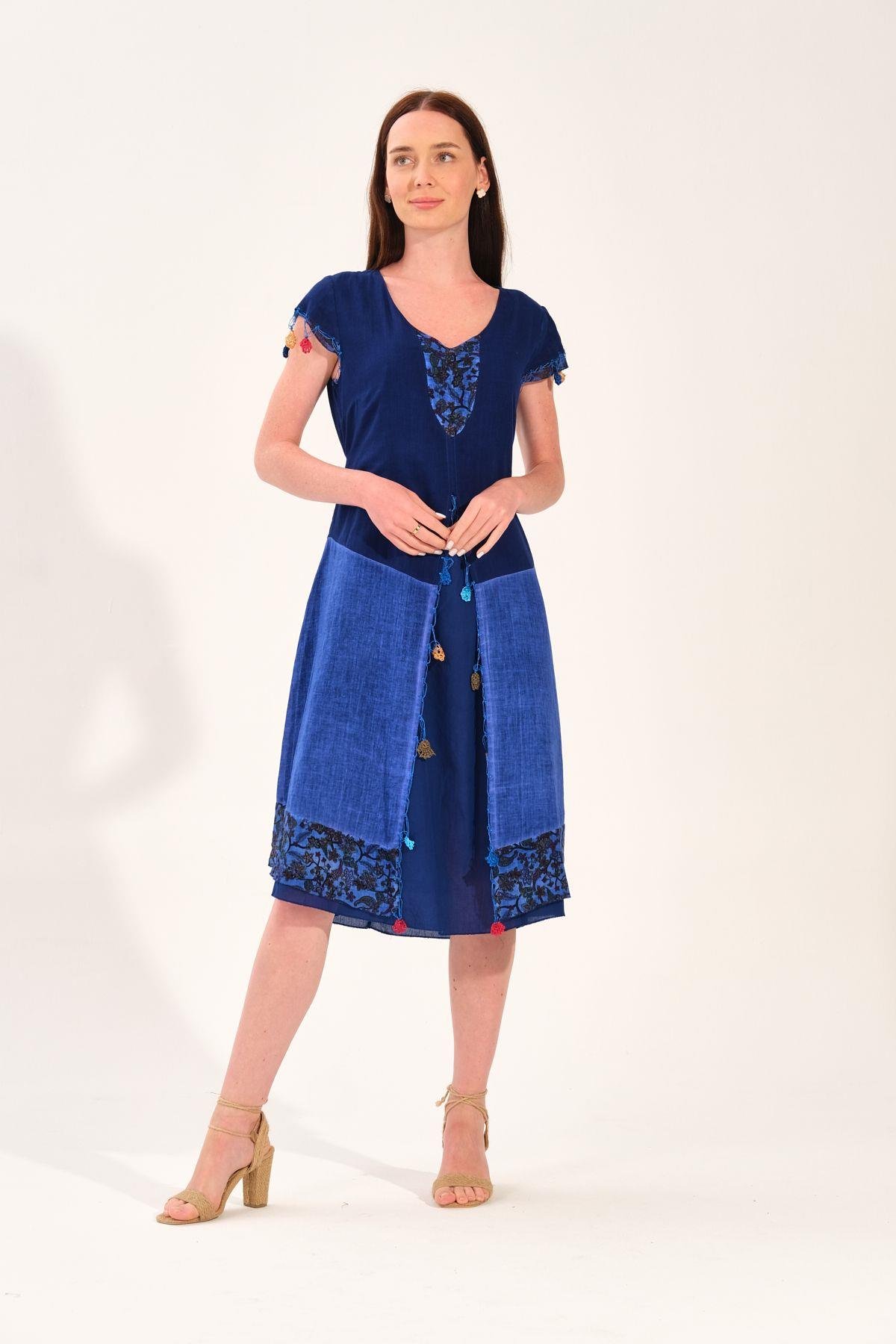 8033 Vyaka Kısa Kol Eteği Parçalı Oya İşleme Otantik Elbise