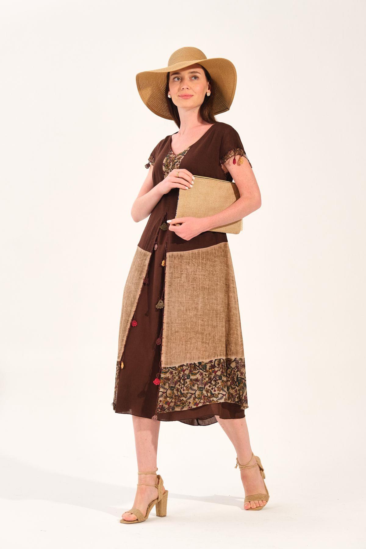 8033 Vyaka Kısa Kol Eteği Parçalı Oya İşleme Otantik Elbise