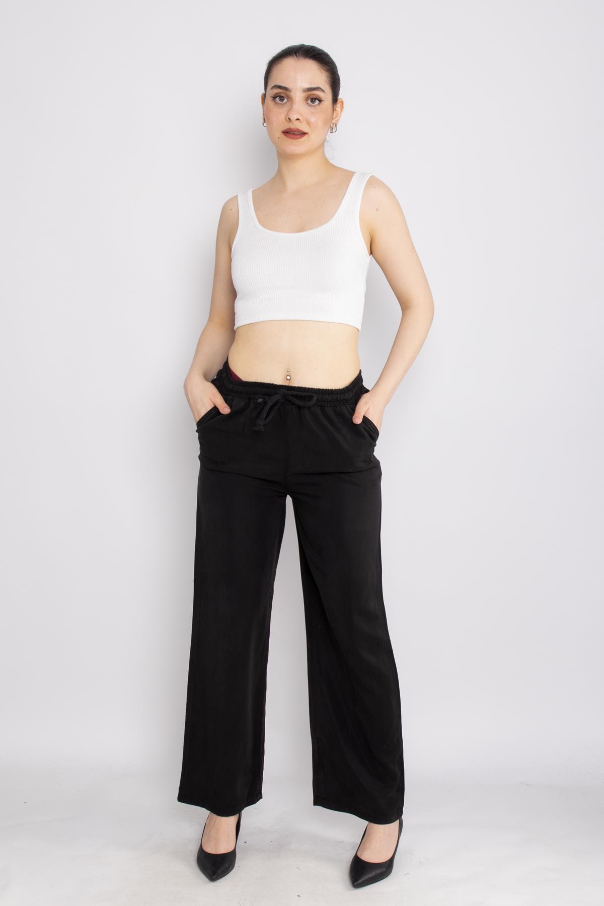 80330 Beli Lastikli Bol Paça Tencel Pantolon