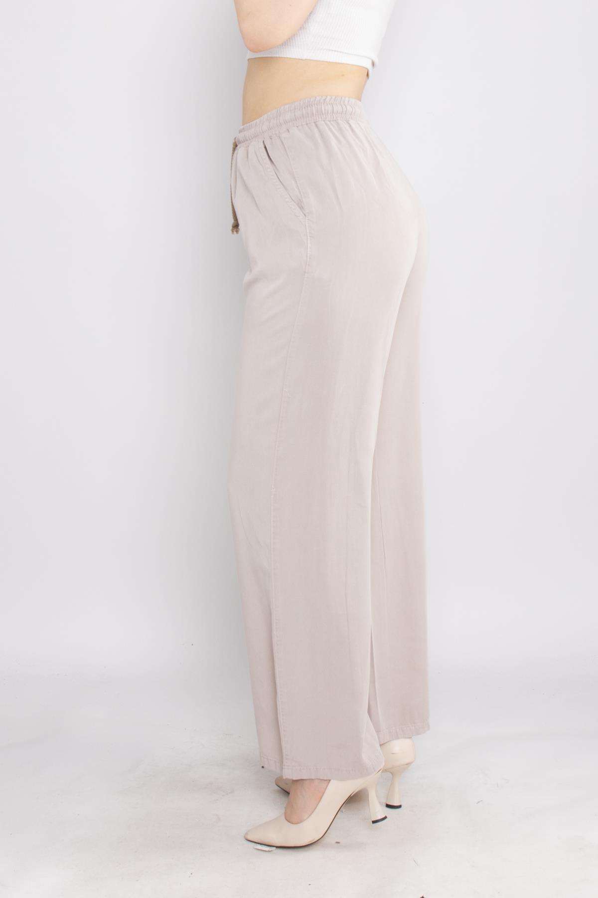 80330 Beli Lastikli Bol Paça Tencel Pantolon
