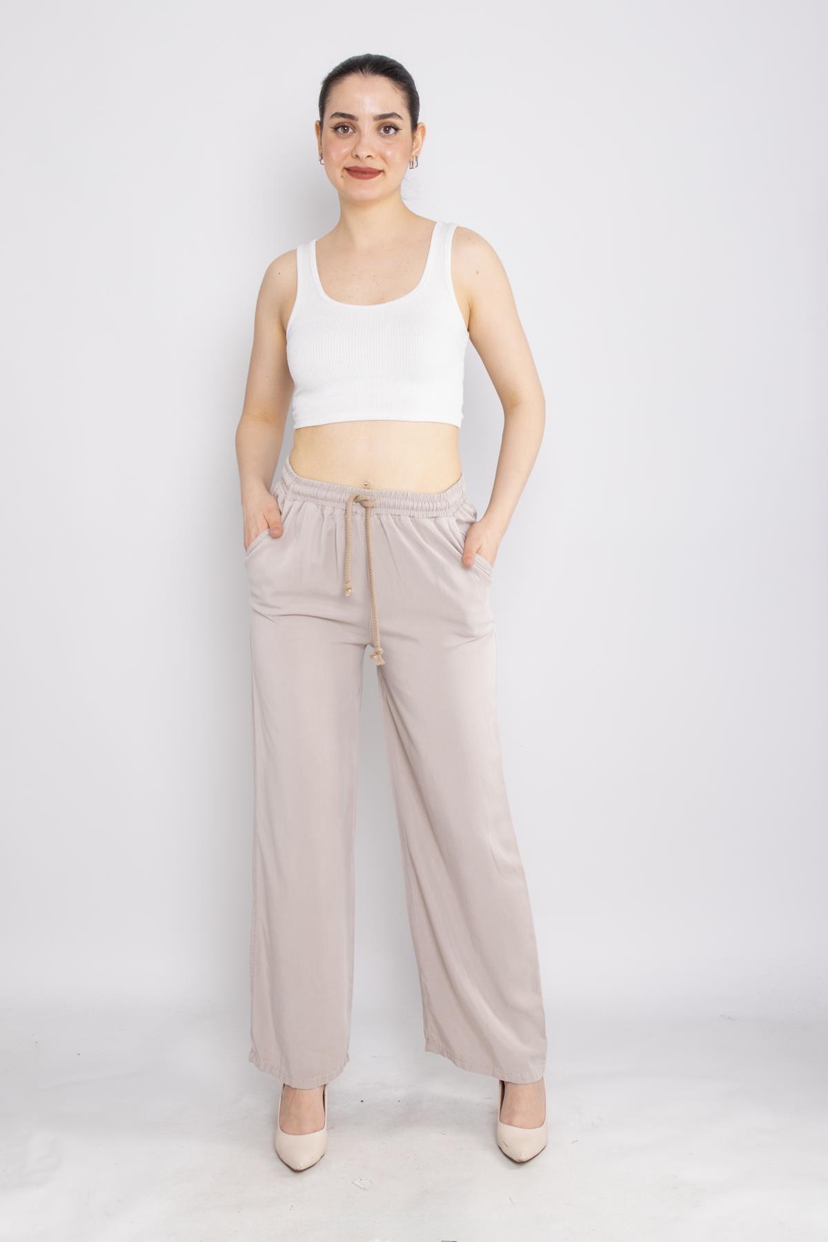 80330 Beli Lastikli Bol Paça Tencel Pantolon