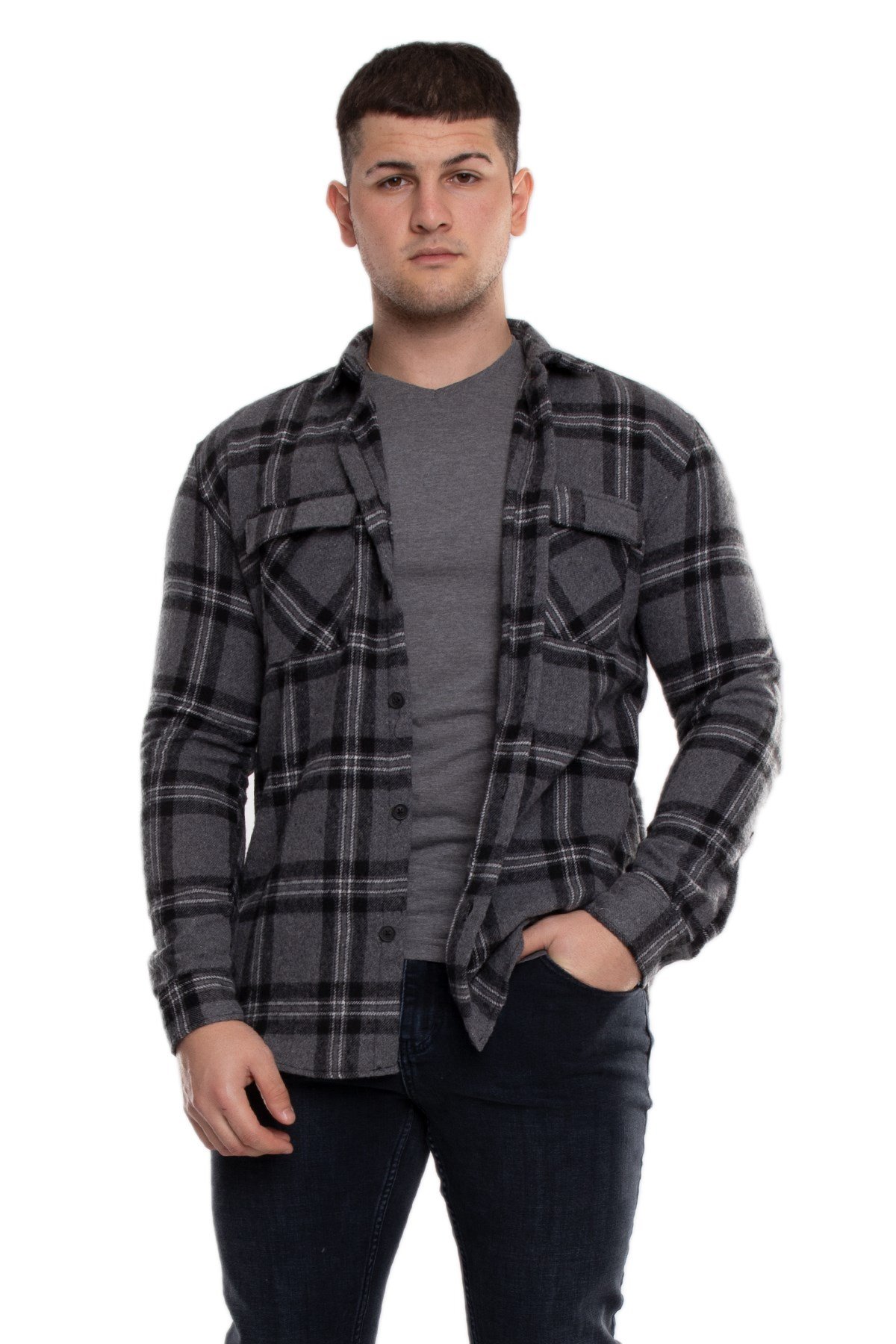 8040 Slimfit Ekose Çift Cep Pamuklu Oduncu Erkek Gömlek