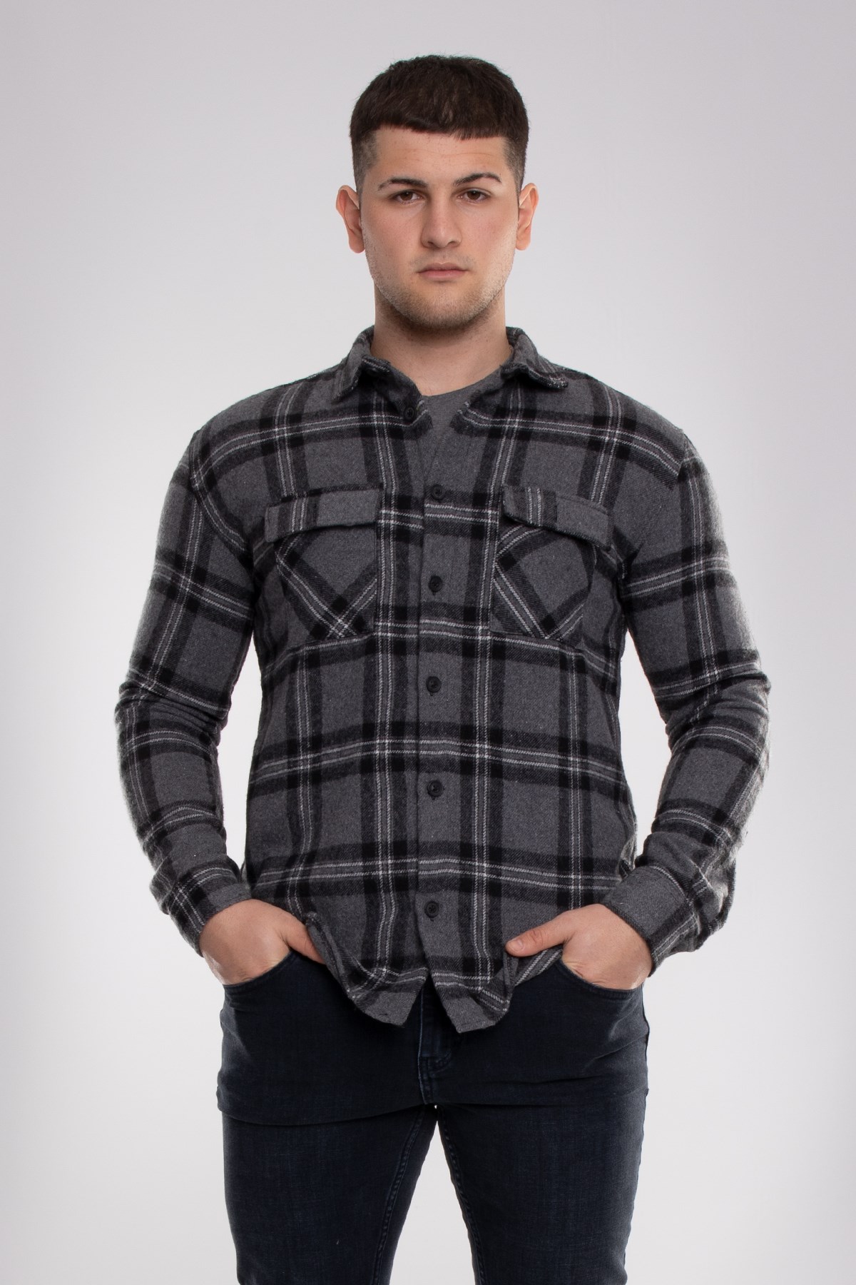 8040 Slimfit Ekose Çift Cep Pamuklu Oduncu Erkek Gömlek