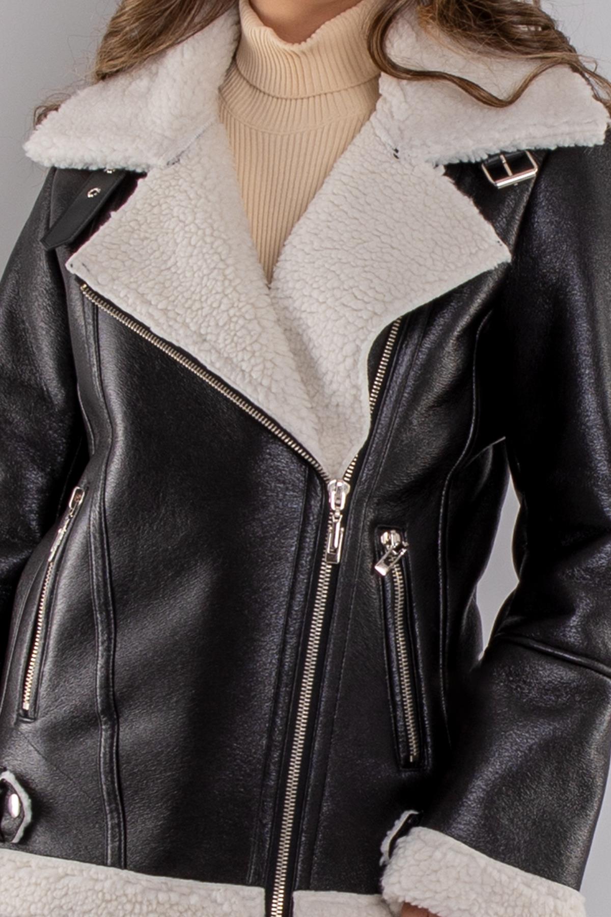 8067 İçi Kürklü Asimetrik Fermuarlı Deri Ceket