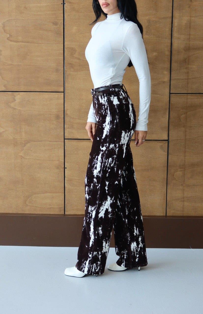 8077 Kadife Flok Baskı Wide Kemerli BolPaça Pantolon
