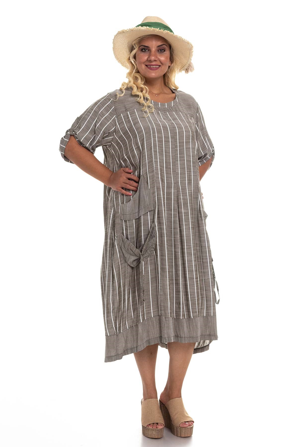 8136 Çizgili Cepli Viscon Elbise