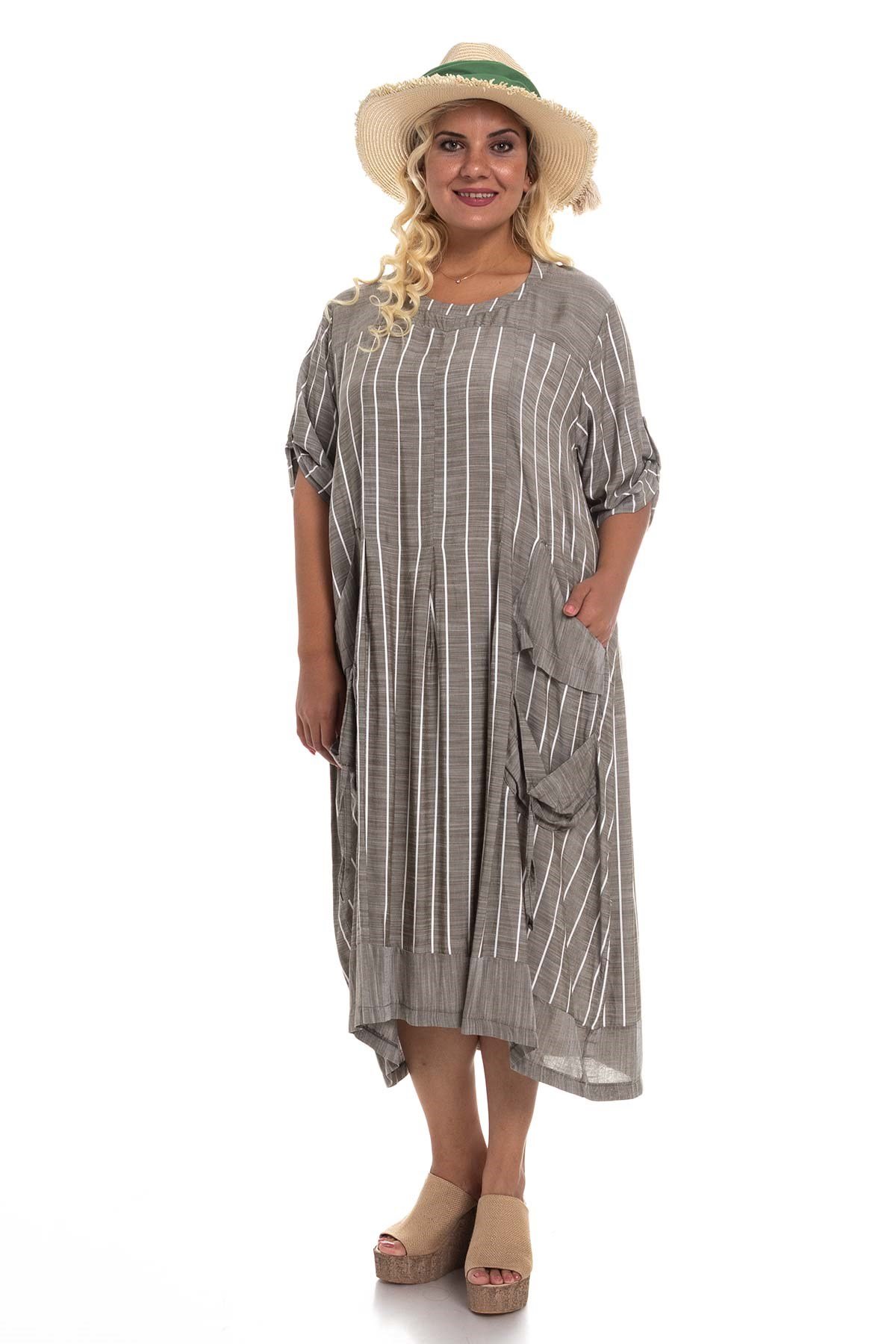 8136 Çizgili Cepli Viscon Elbise