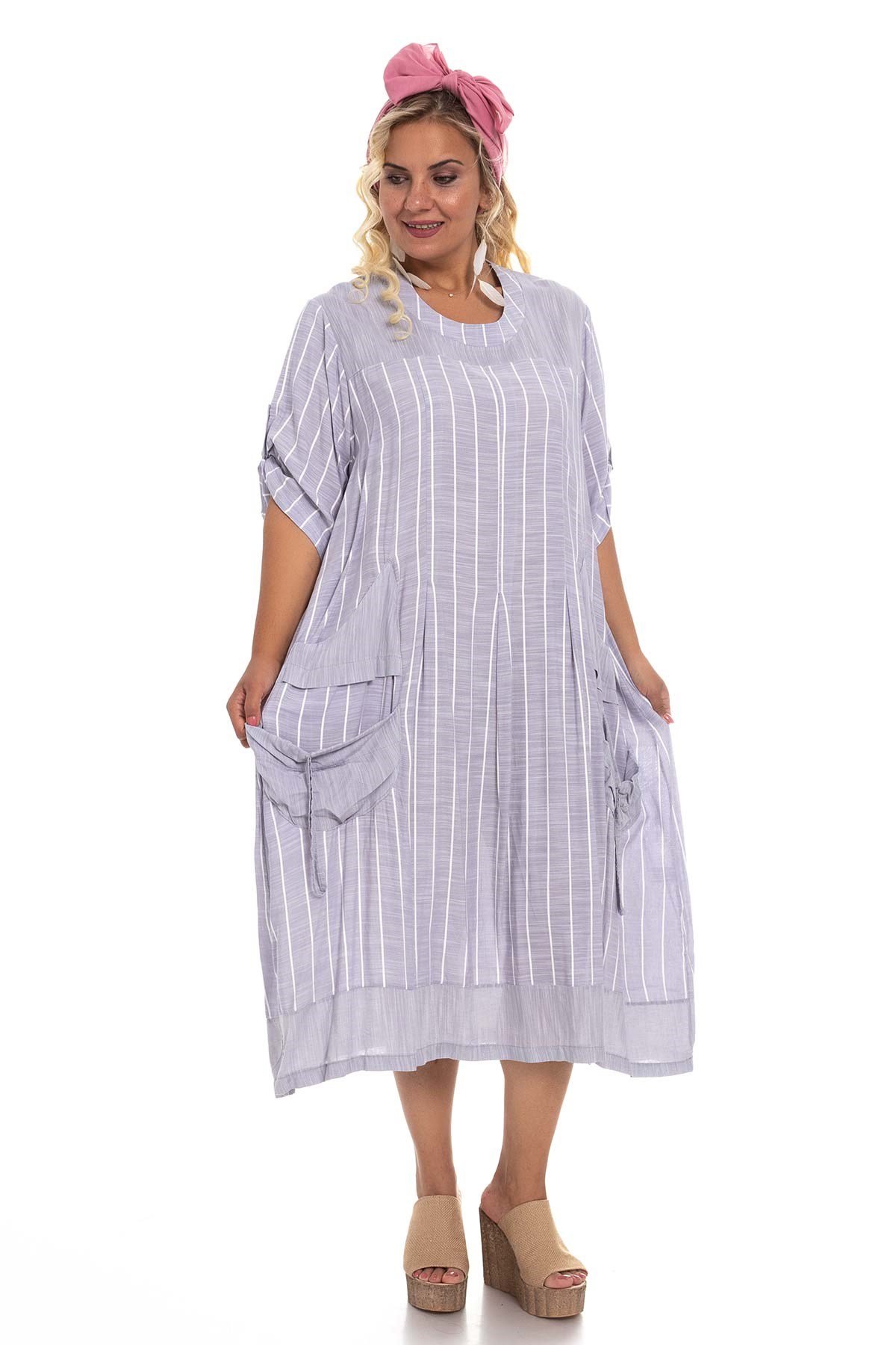 8136 Çizgili Cepli Viscon Elbise