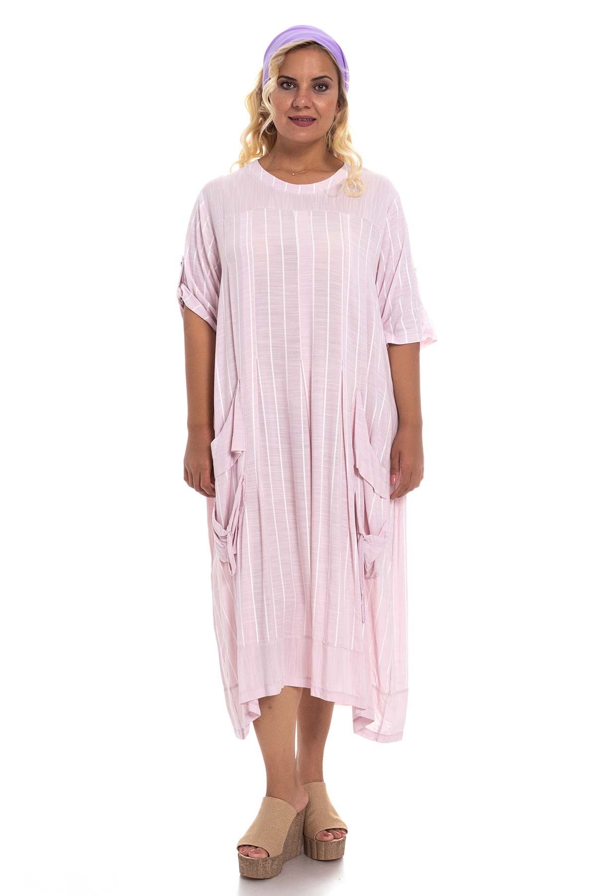 8136 Çizgili Cepli Viscon Elbise