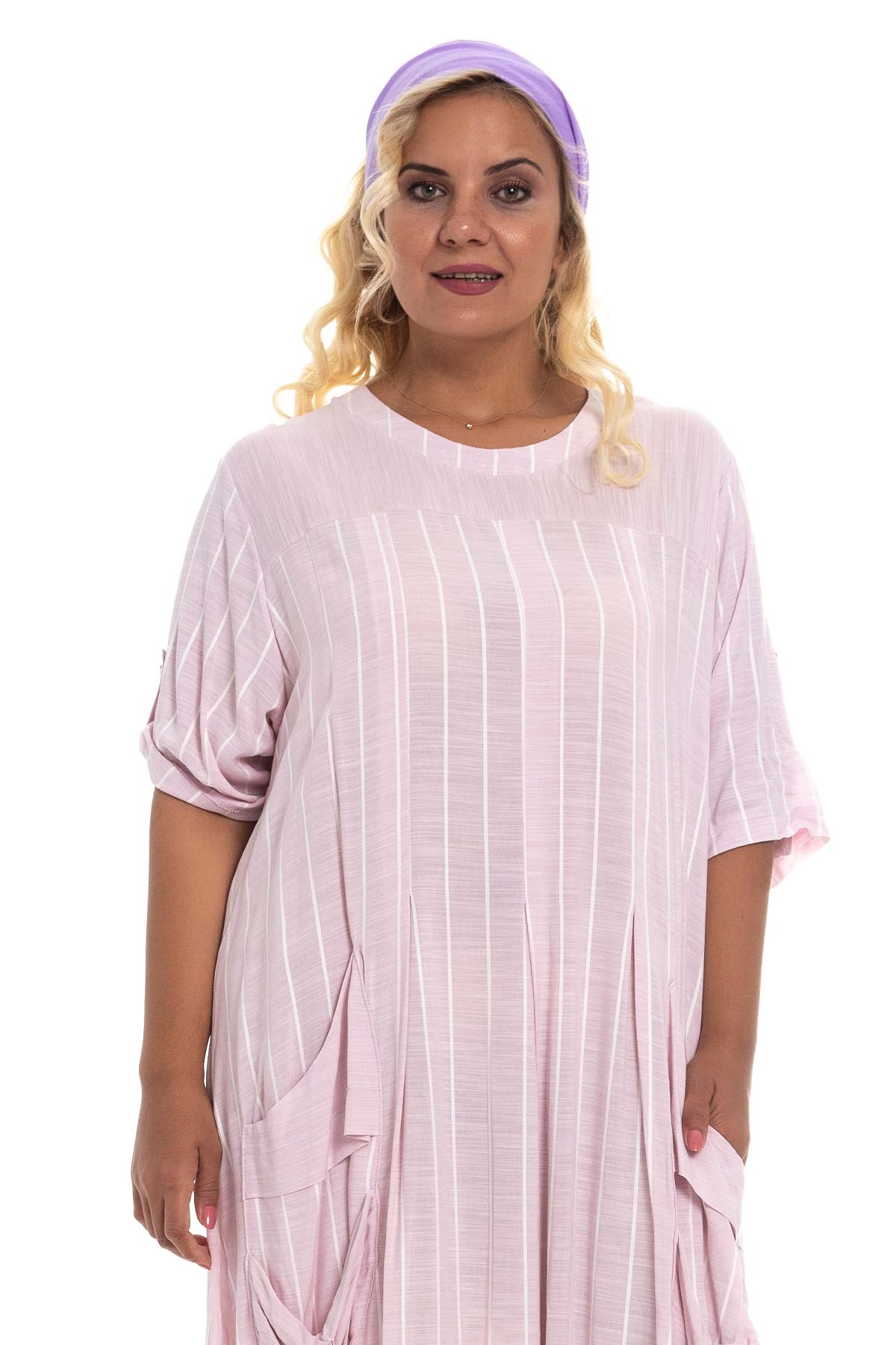 8136 Çizgili Cepli Viscon Elbise