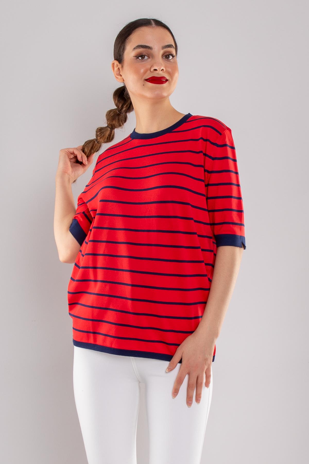 814 Bisiklet Yaka Çizgili Kısa Kol İki Renkli Merserize Kadın Triko
