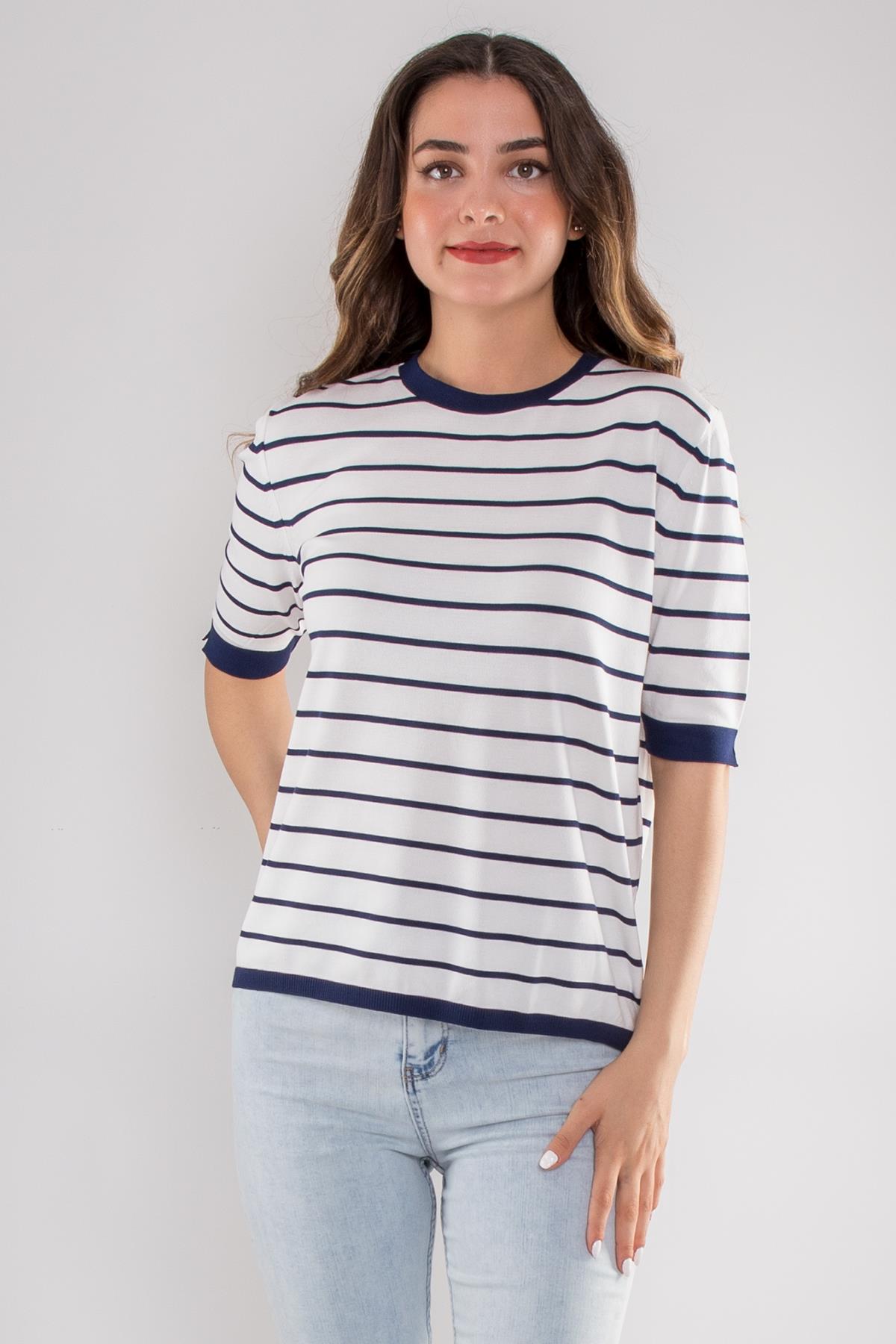 814 Bisiklet Yaka Çizgili Kısa Kol İki Renkli Merserize Kadın Triko
