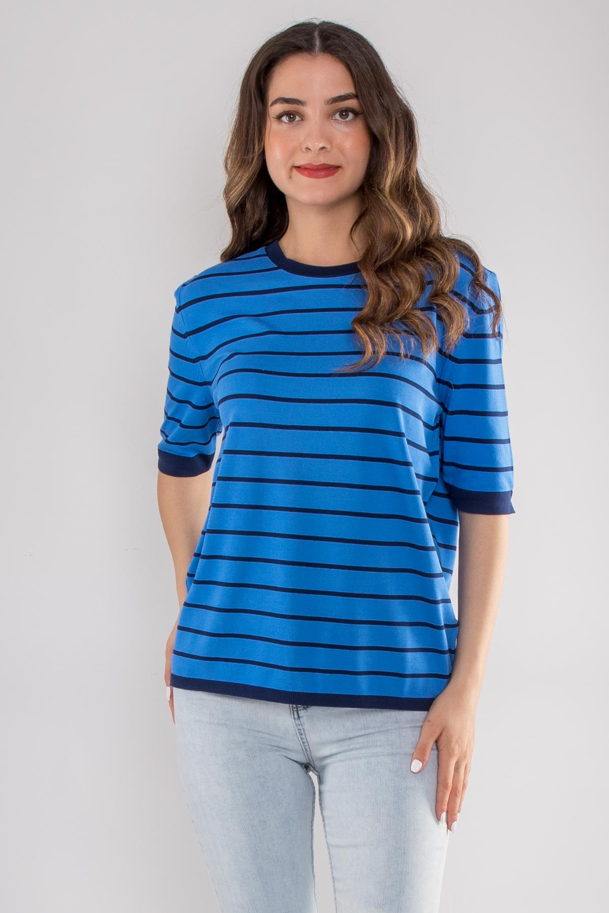814 Bisiklet Yaka Çizgili Kısa Kol İki Renkli Merserize Kadın Triko