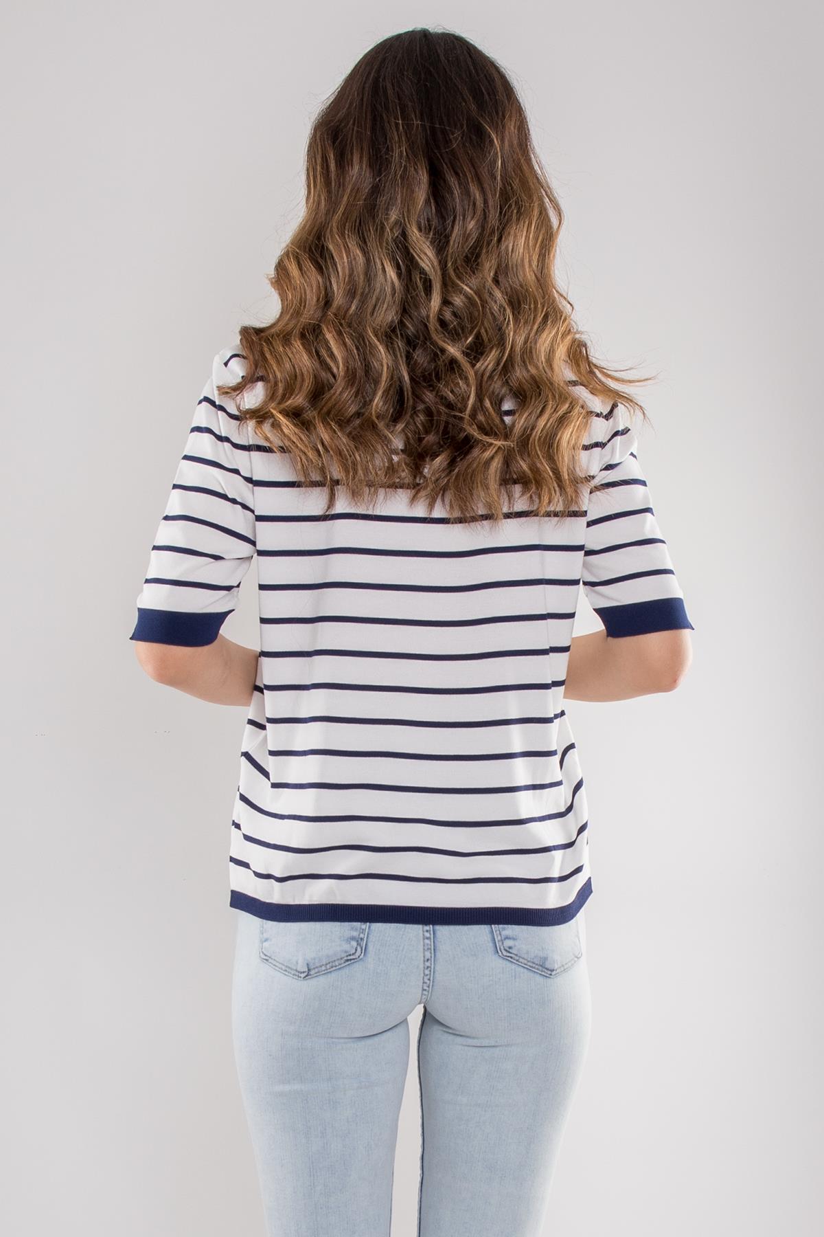 814 Bisiklet Yaka Çizgili Kısa Kol İki Renkli Merserize Kadın Triko