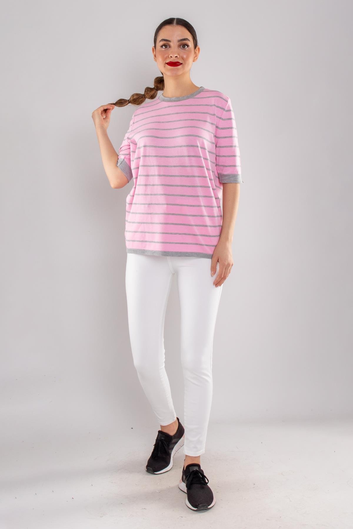 814 Bisiklet Yaka Çizgili Kısa Kol İki Renkli Merserize Kadın Triko