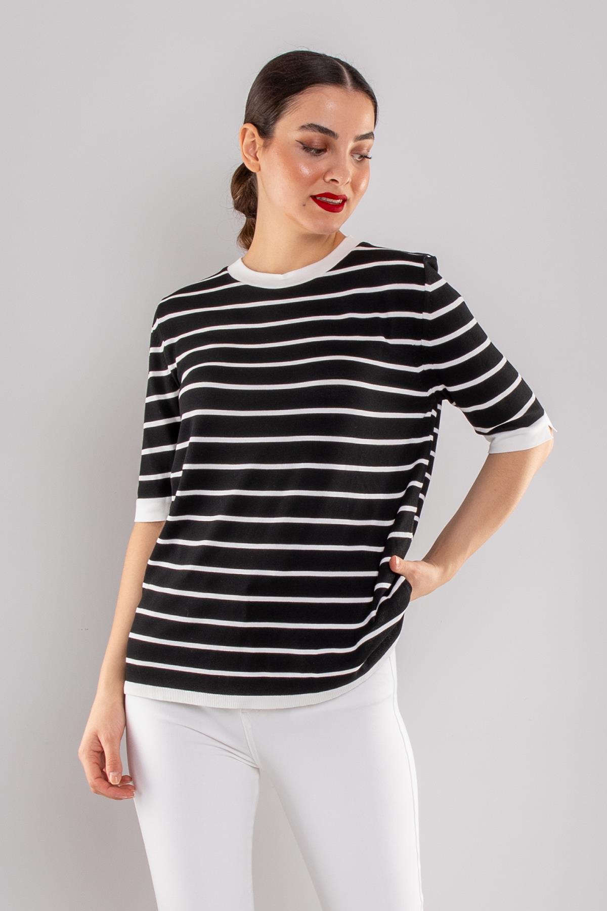 814 Bisiklet Yaka Çizgili Kısa Kol İki Renkli Merserize Kadın Triko