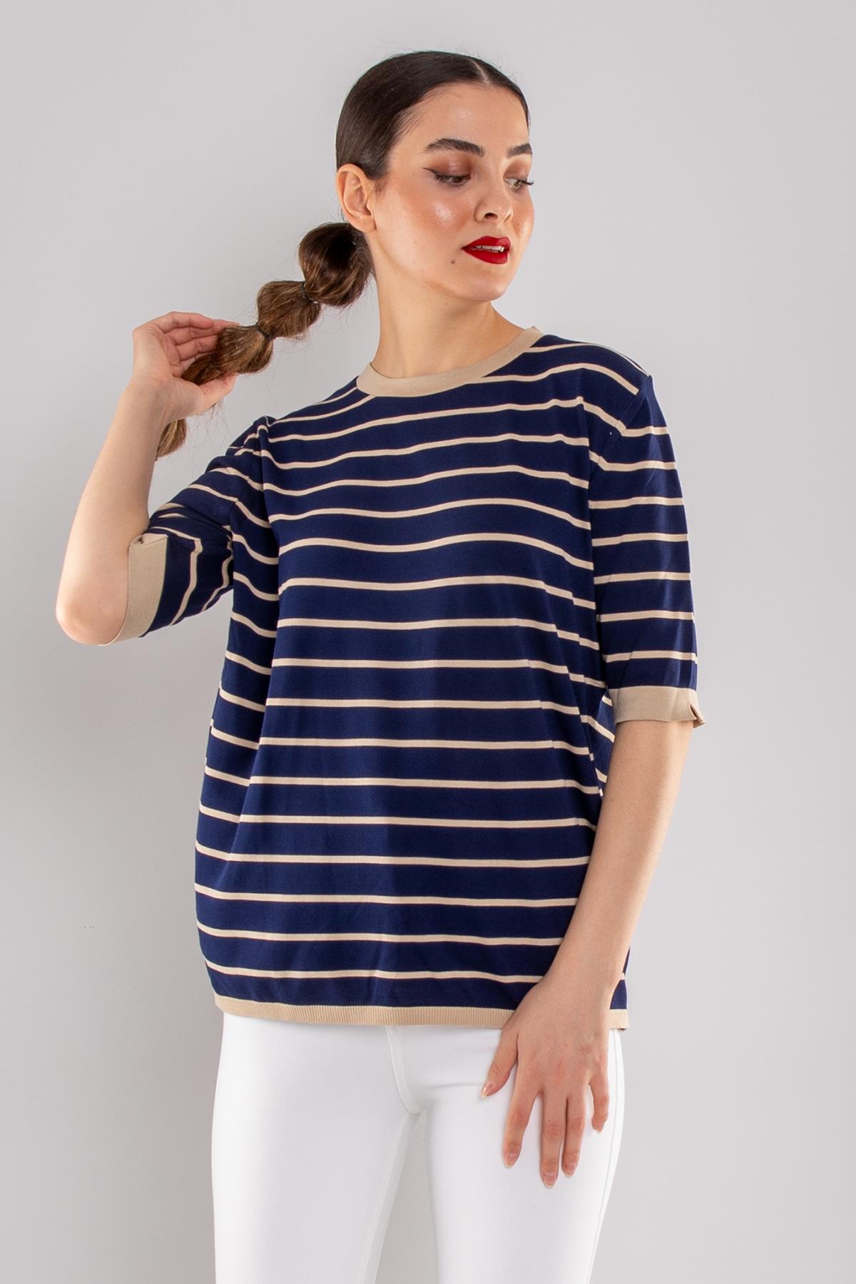 814 Bisiklet Yaka Çizgili Kısa Kol İki Renkli Merserize Kadın Triko