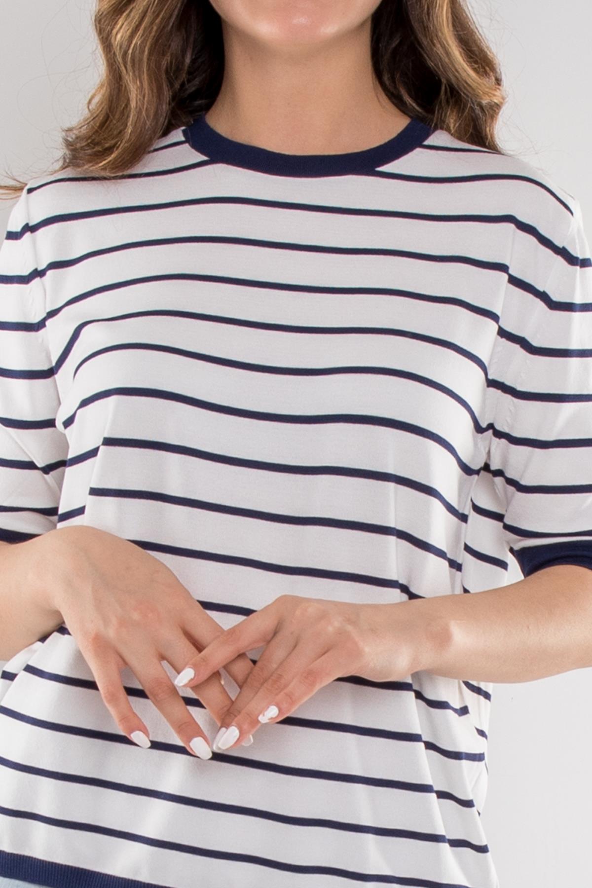 814 Bisiklet Yaka Çizgili Kısa Kol İki Renkli Merserize Kadın Triko