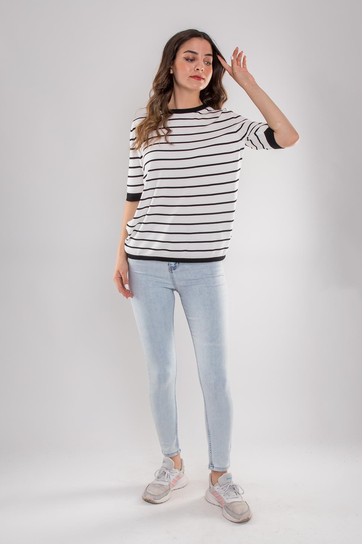 814 Bisiklet Yaka Çizgili Kısa Kol İki Renkli Merserize Kadın Triko