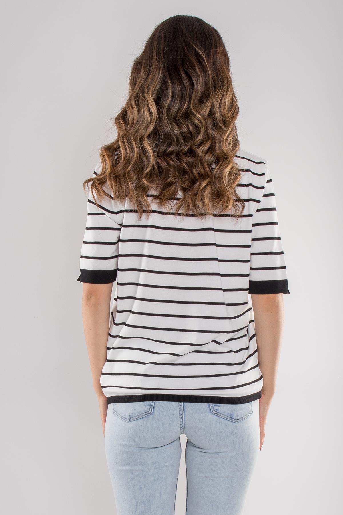 814 Bisiklet Yaka Çizgili Kısa Kol İki Renkli Merserize Kadın Triko