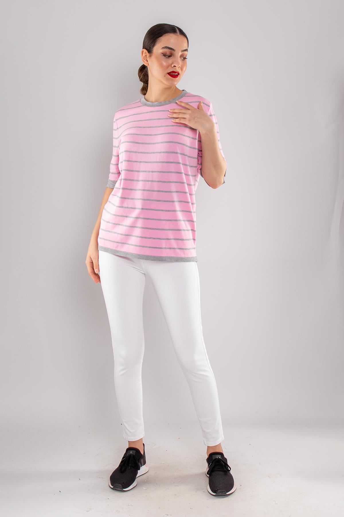 814 Bisiklet Yaka Çizgili Kısa Kol İki Renkli Merserize Kadın Triko