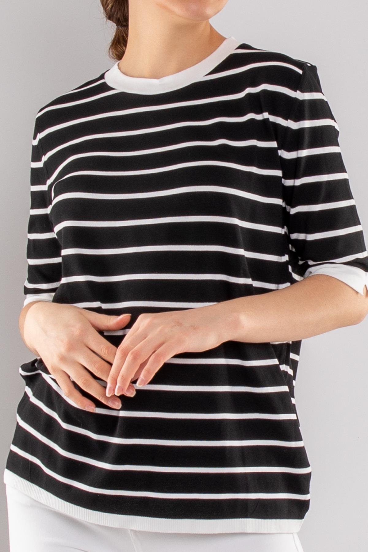 814 Bisiklet Yaka Çizgili Kısa Kol İki Renkli Merserize Kadın Triko