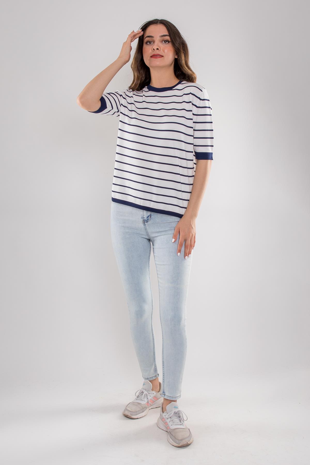 814 Bisiklet Yaka Çizgili Kısa Kol İki Renkli Merserize Kadın Triko