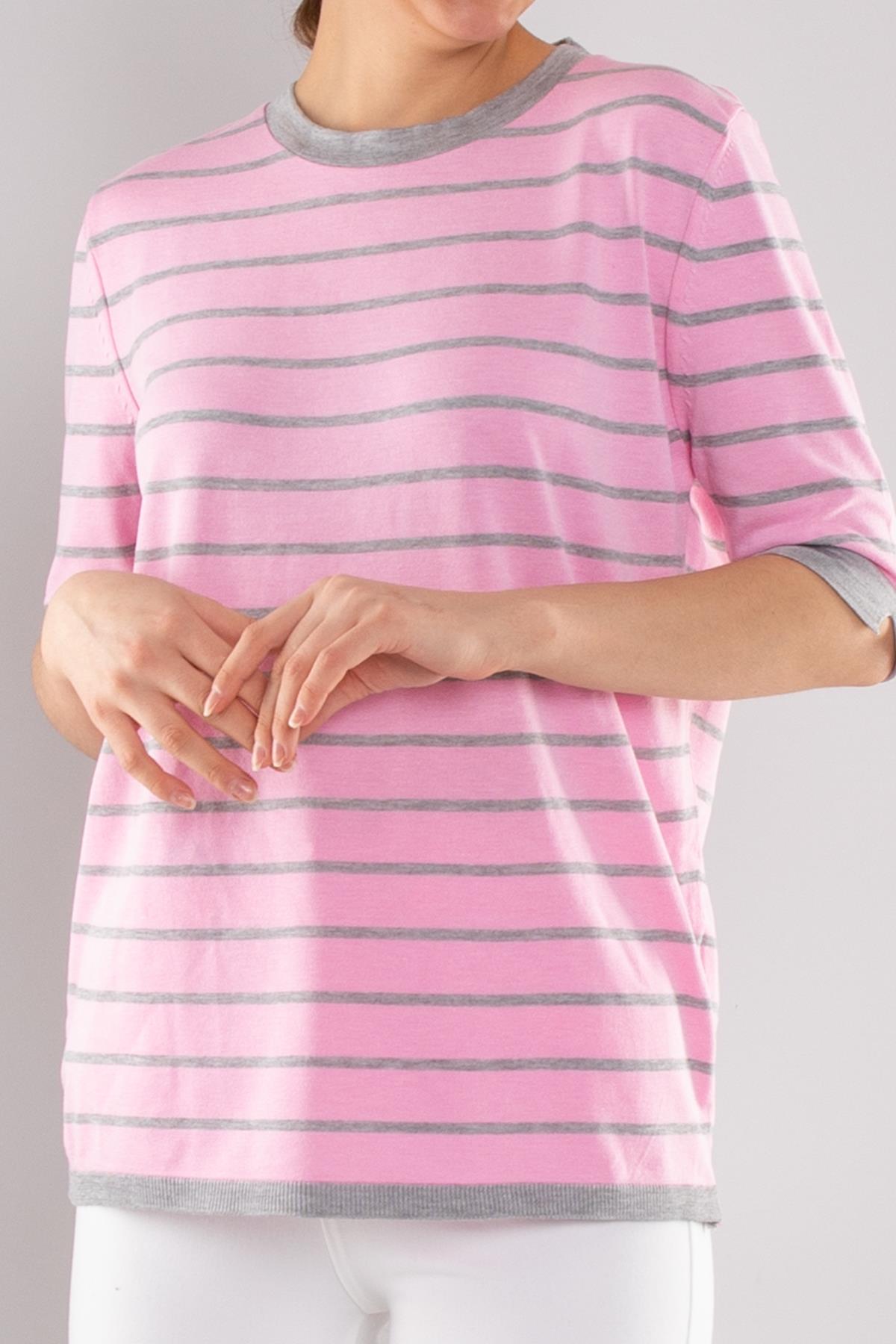 814 Bisiklet Yaka Çizgili Kısa Kol İki Renkli Merserize Kadın Triko