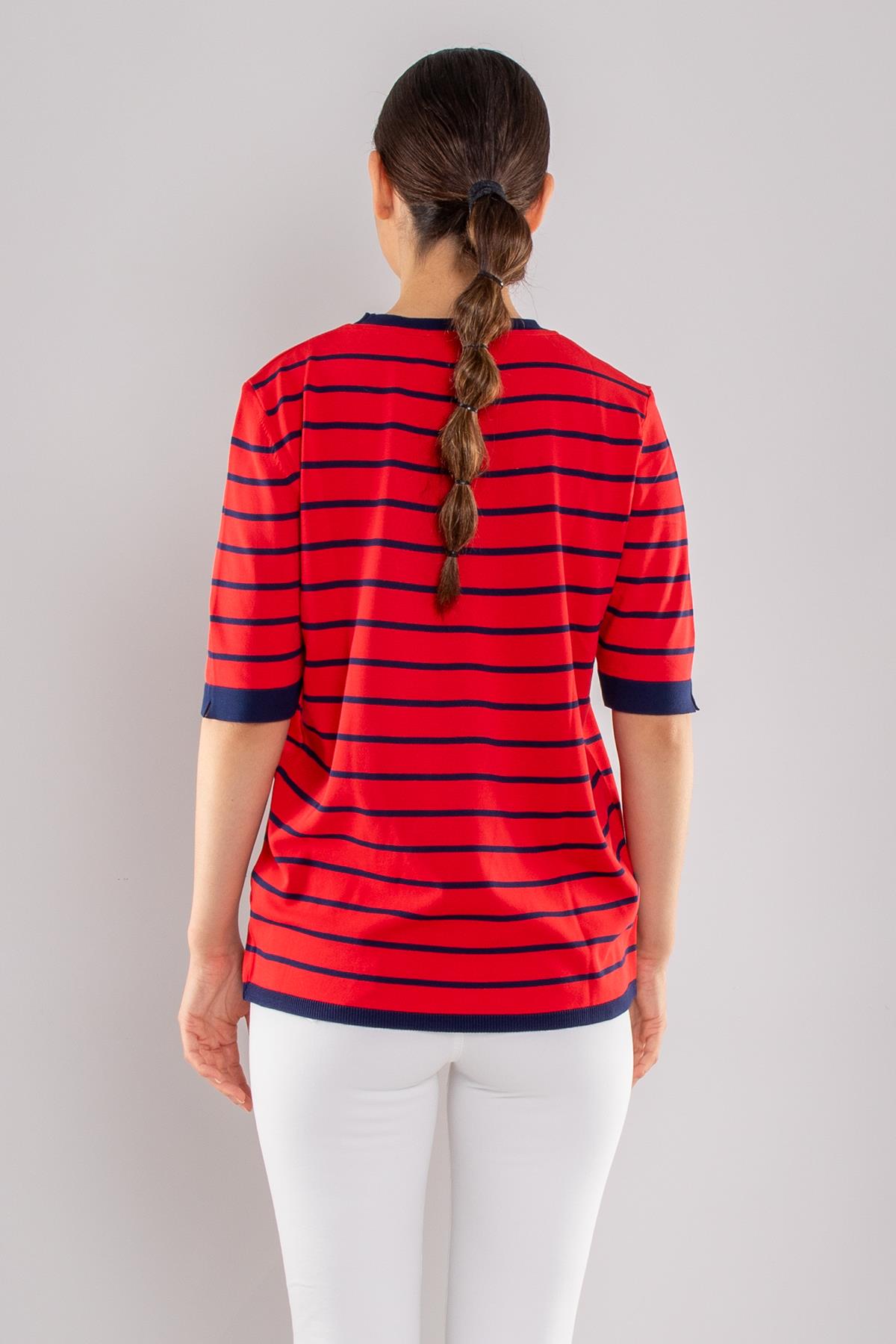 814 Bisiklet Yaka Çizgili Kısa Kol İki Renkli Merserize Kadın Triko