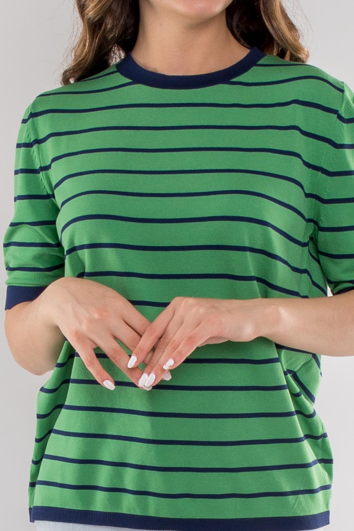 814 Bisiklet Yaka Çizgili Kısa Kol İki Renkli Merserize Kadın Triko