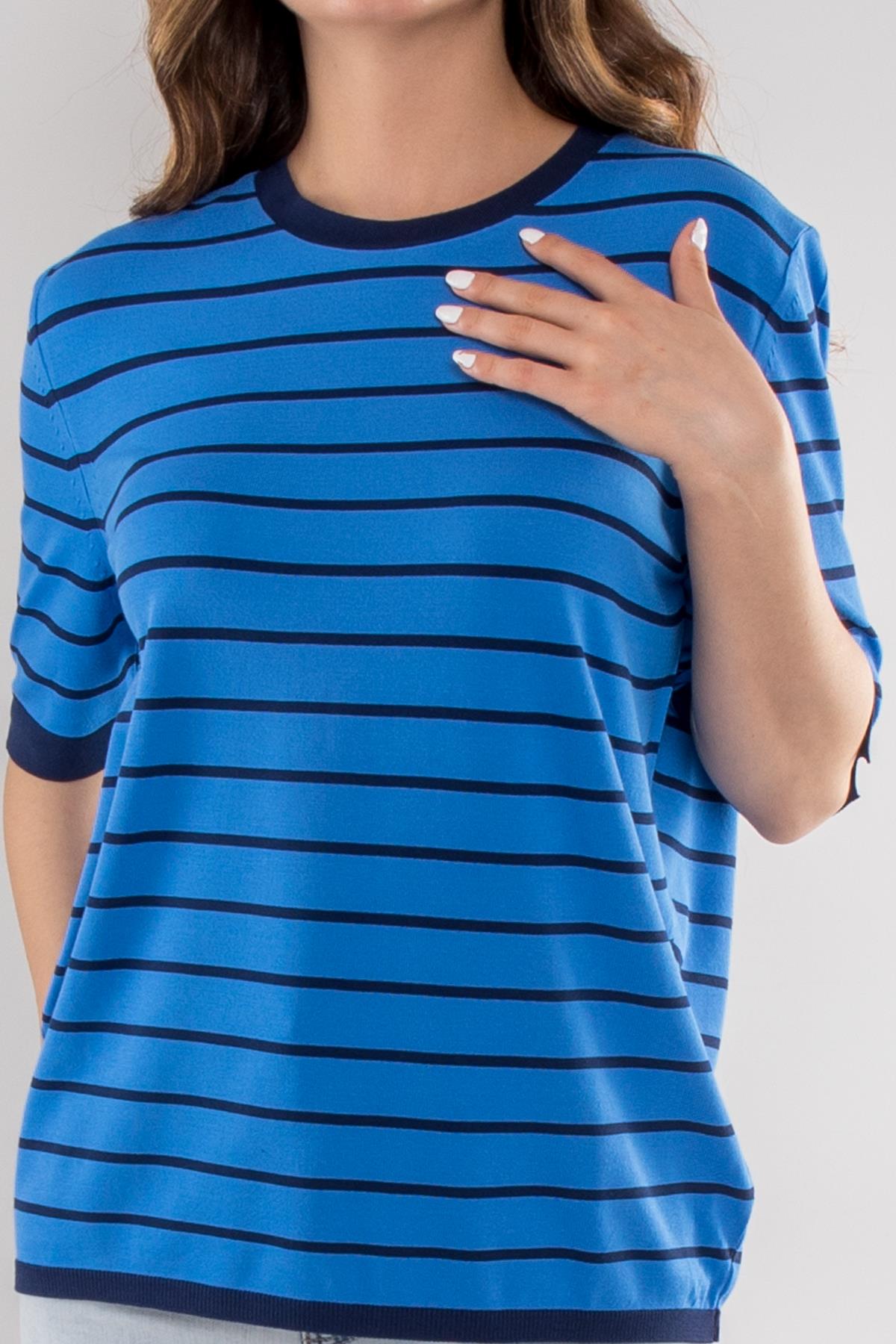 814 Bisiklet Yaka Çizgili Kısa Kol İki Renkli Merserize Kadın Triko