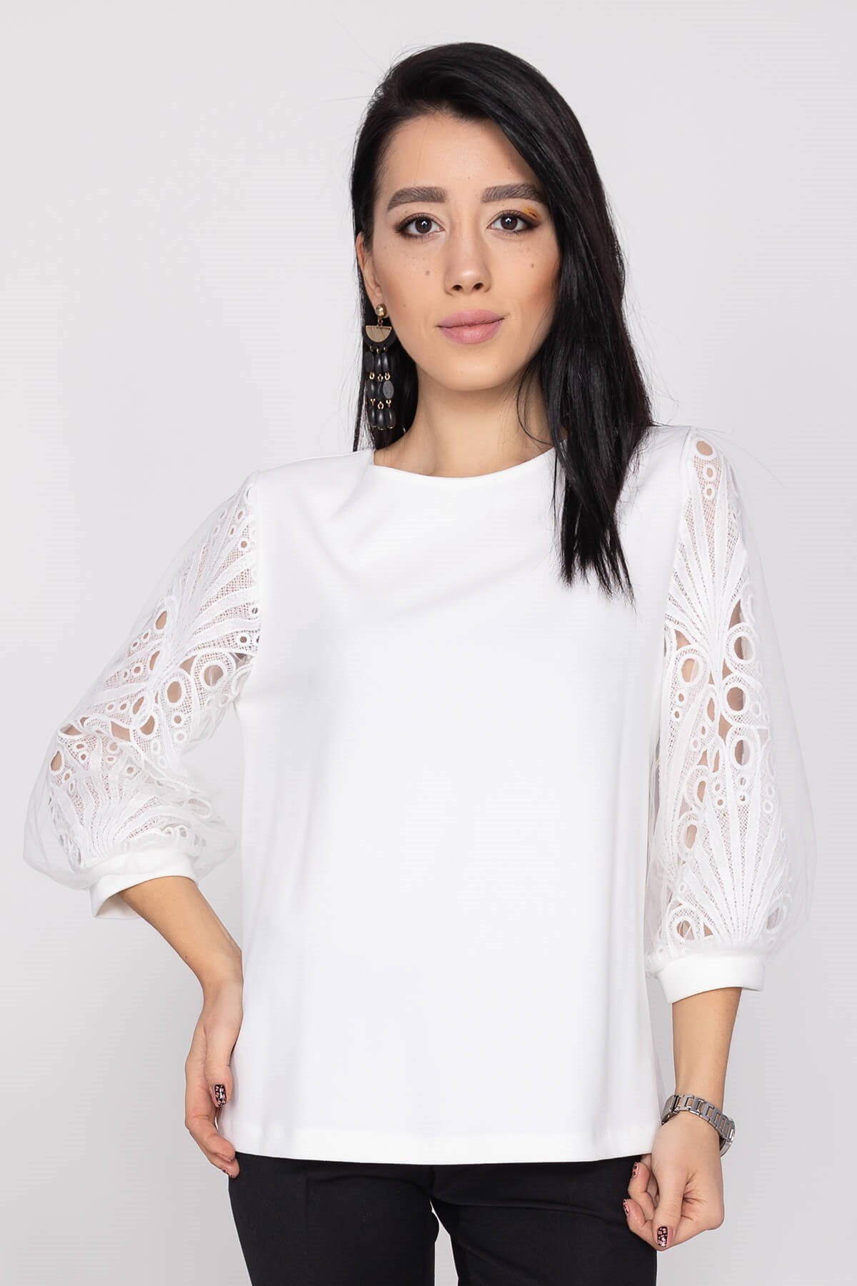 81446 BalonTül Kol  Krep Bluz