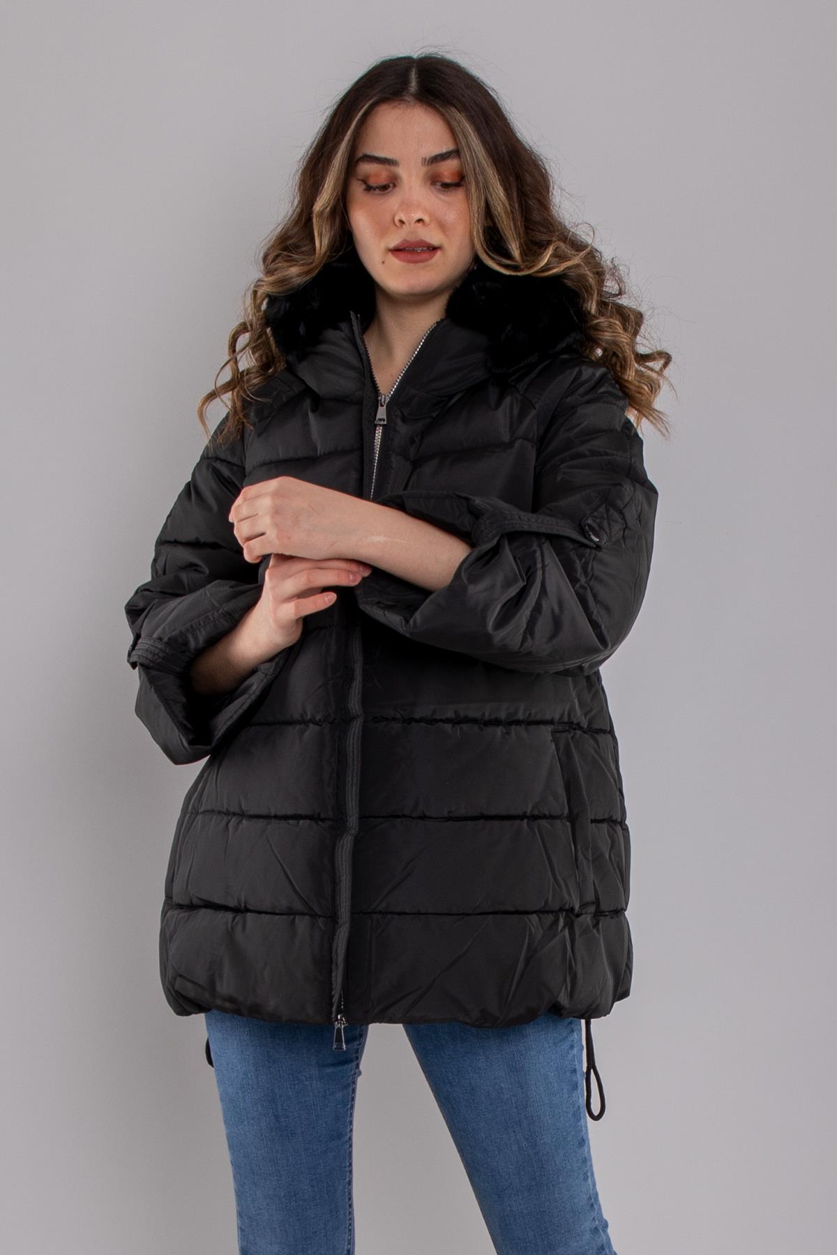 8151 Kapüşonu Peluş Kürk Kol Katlamalı Kapitone Mont