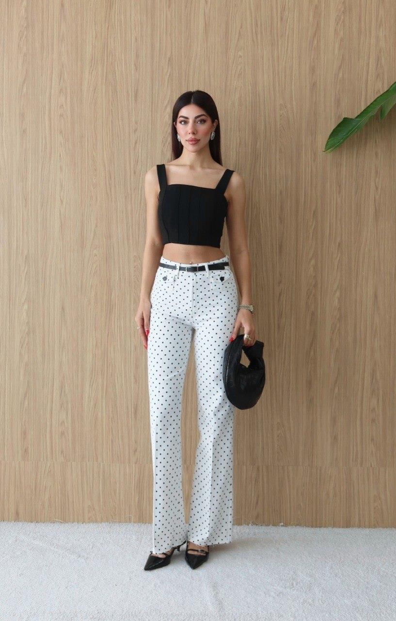 8158 Yüksek Bel Puantiyeli Kemerli Kesik Paça Wide Leg Pantolon