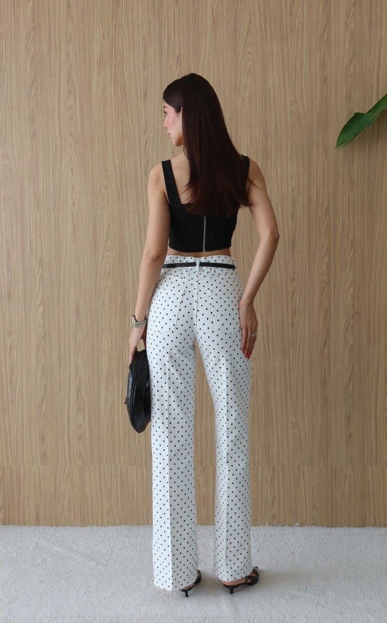 8158 Yüksek Bel Puantiyeli Kemerli Kesik Paça Wide Leg Pantolon