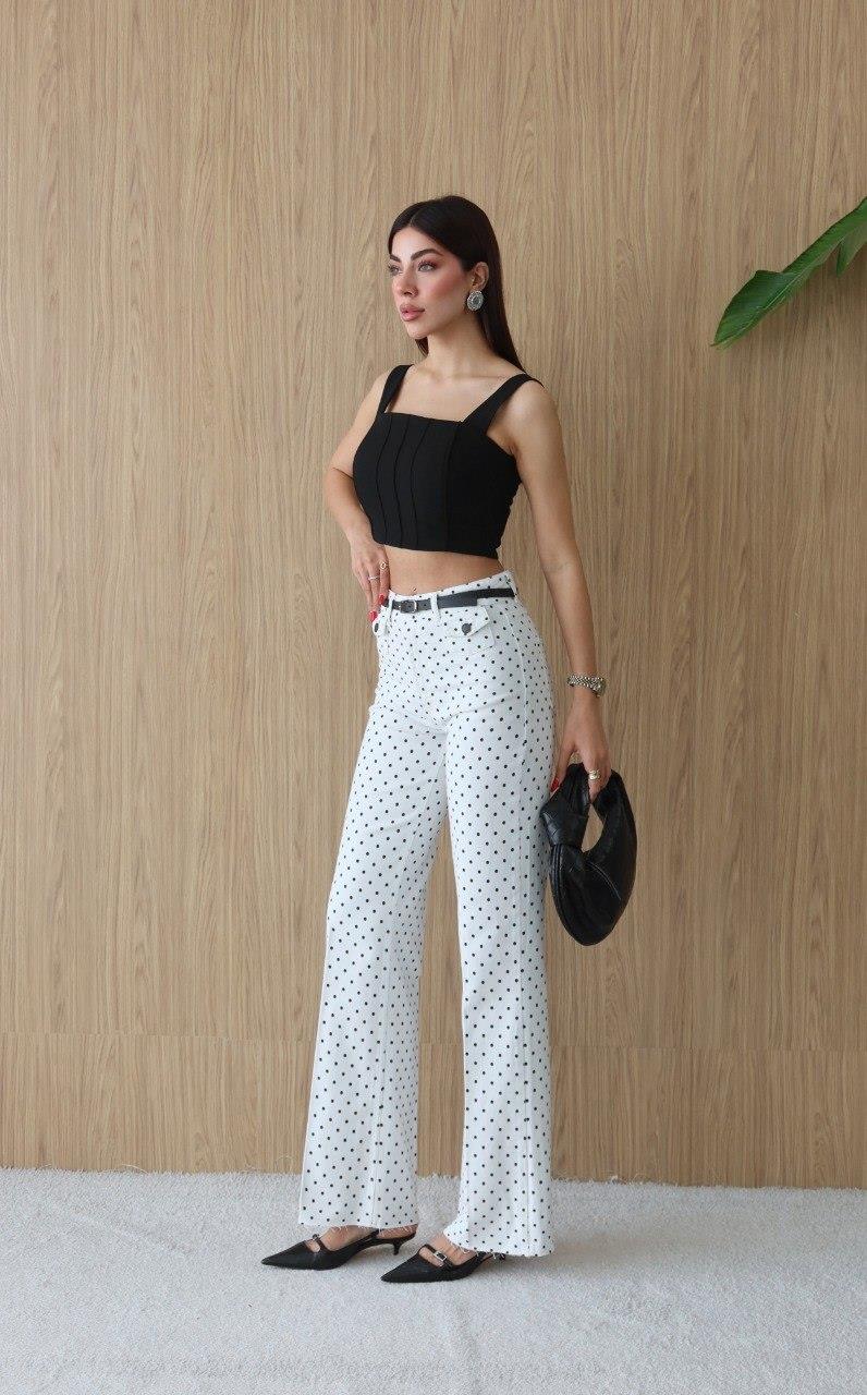 8158 Yüksek Bel Puantiyeli Kemerli Kesik Paça Wide Leg Pantolon