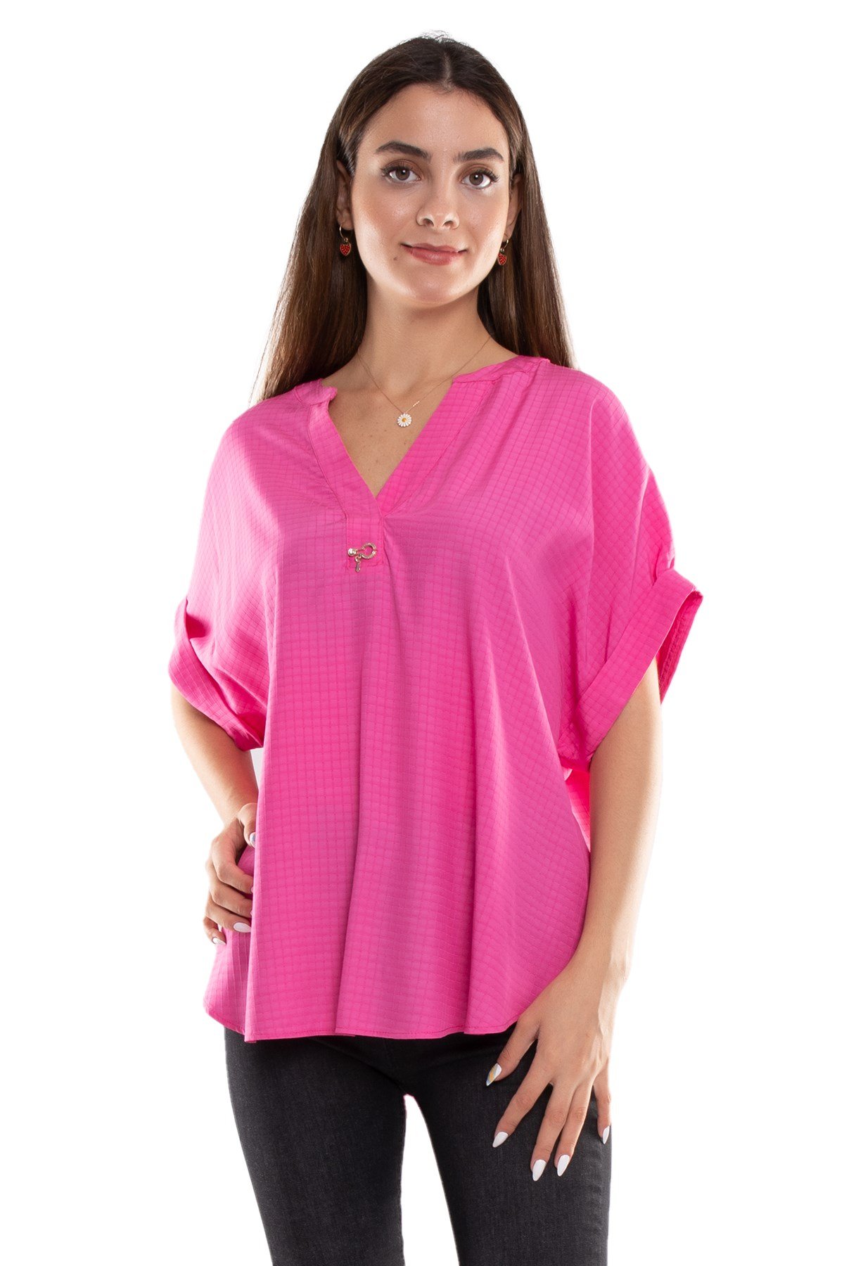 81699 Kendinden Kareli V Yaka Broşlu Viscon Bluz