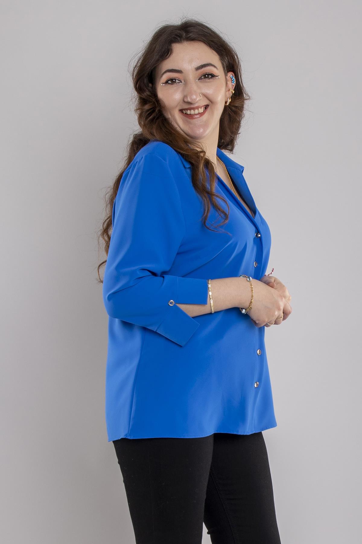 81834 Büyük Beden Truvakar Kol Kruvaze Yaka Düğmeli Krep BLuz