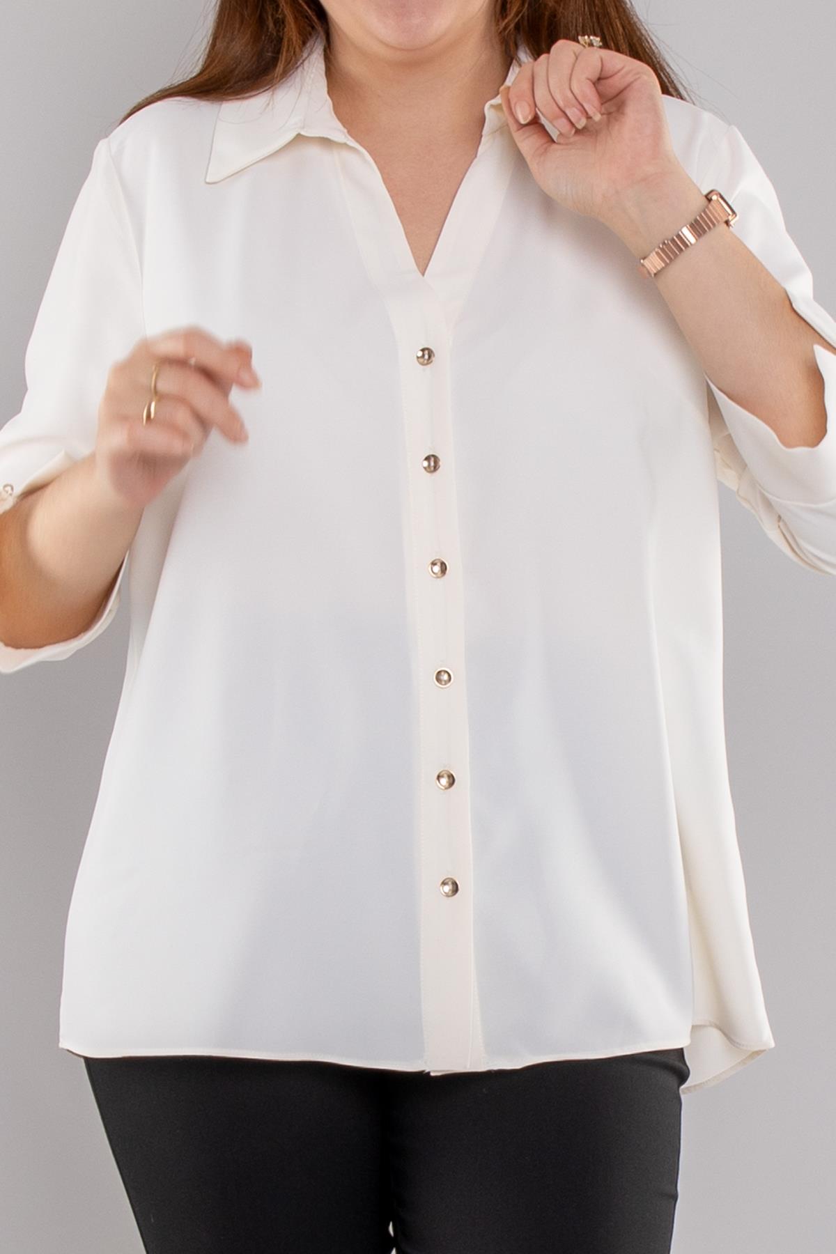 81834 Büyük Beden Truvakar Kol Kruvaze Yaka Düğmeli Krep BLuz